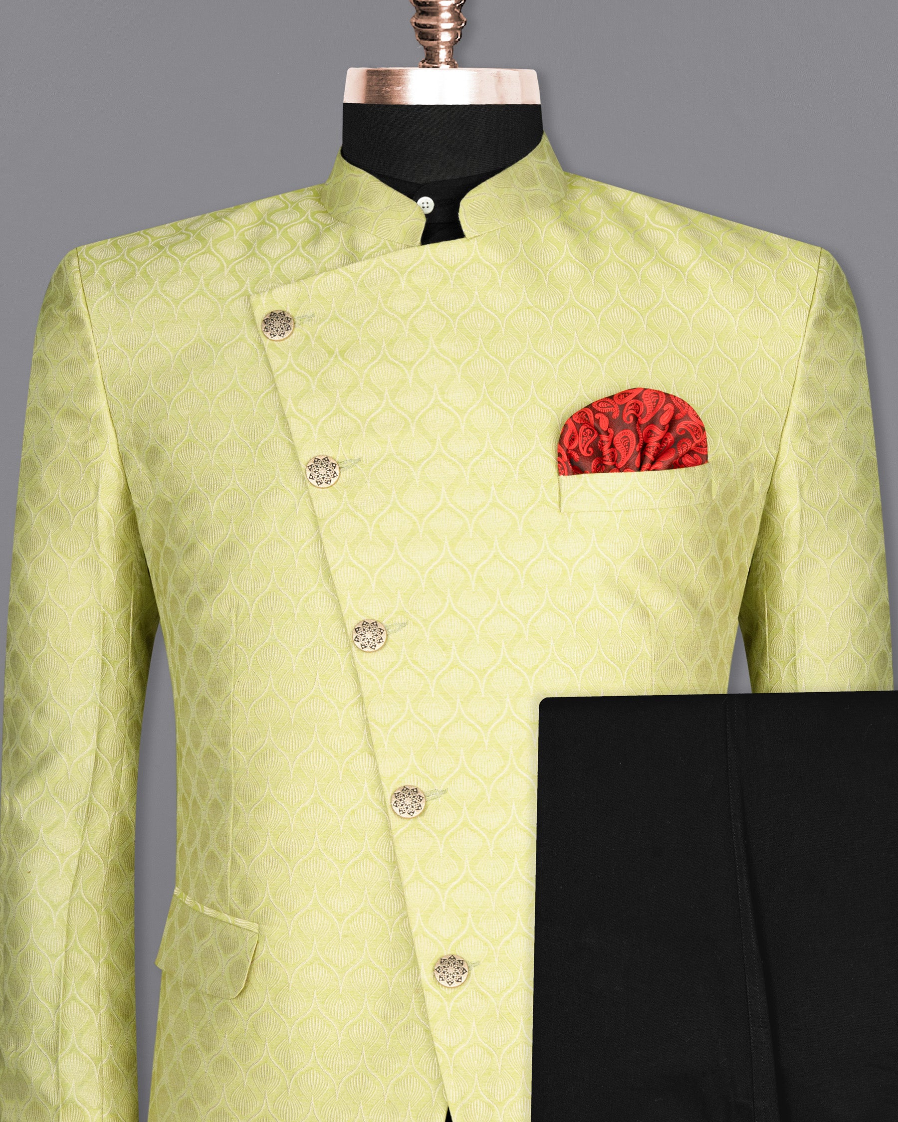Confetti Green Textured Cross Placket Bandhgala Designer Suit