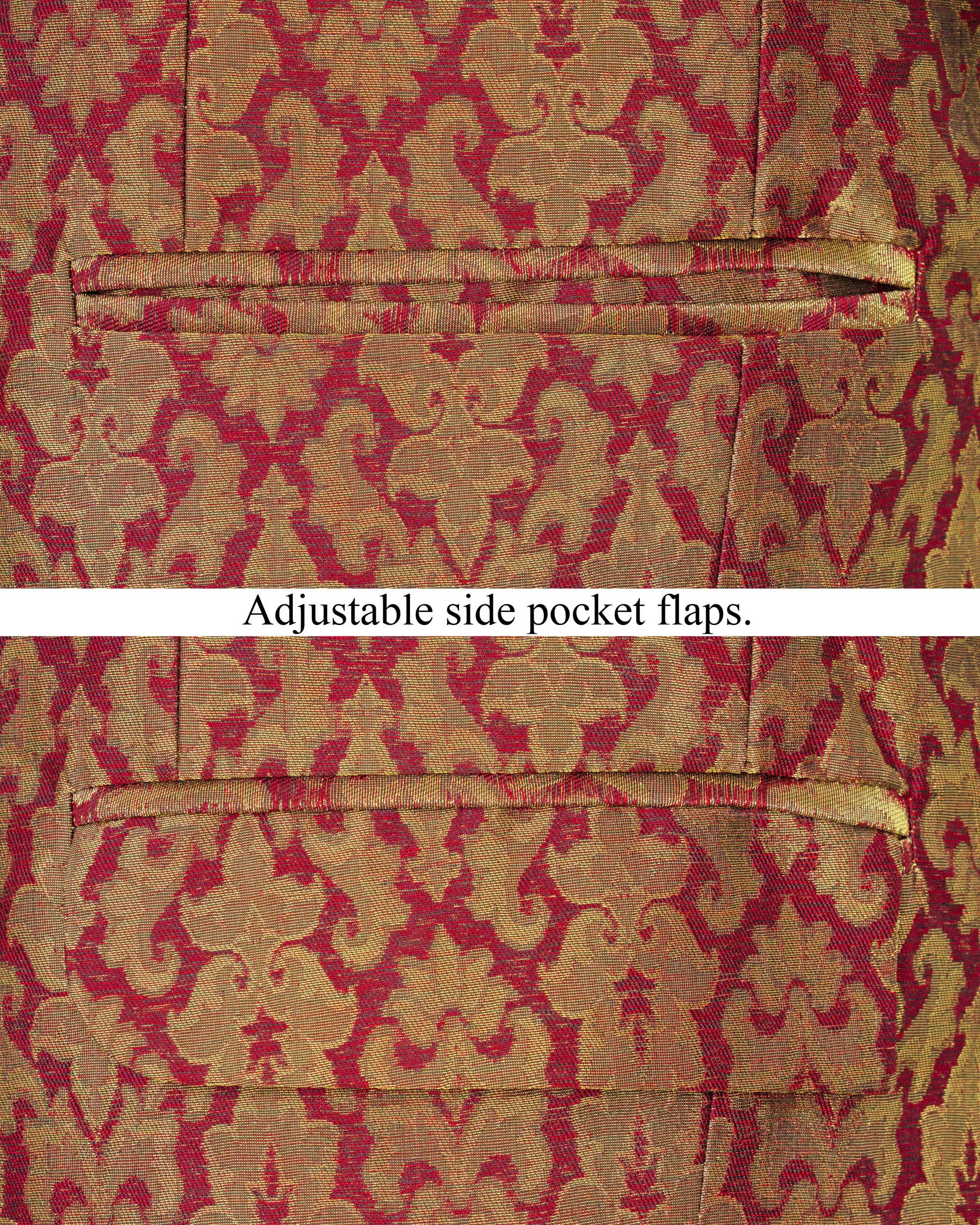 Vivid Auburm and Golden Jacquard Textured Cross Placket Bandhgala Designer Suit
