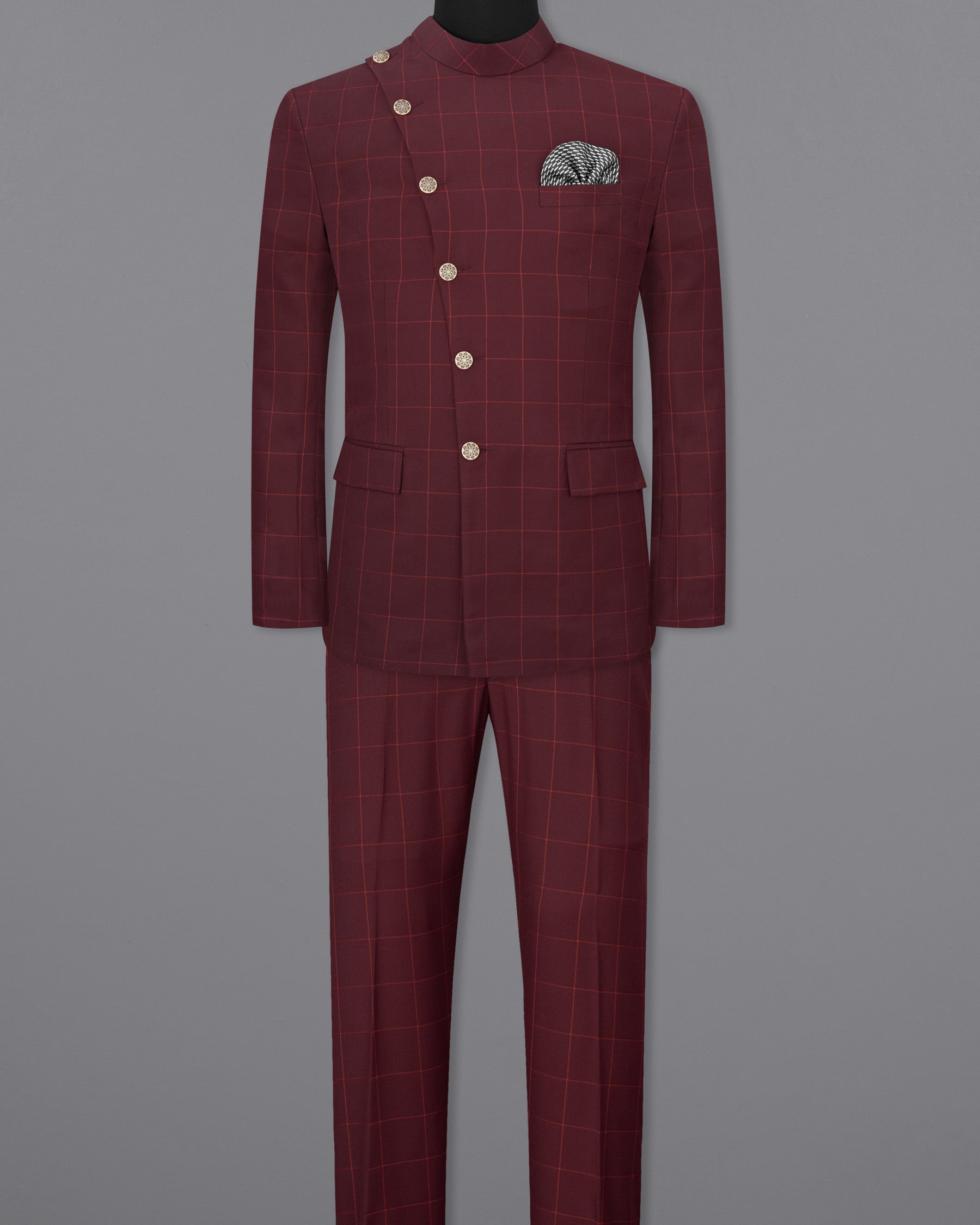 Maroon Oak Windowpane Cross Placket Bandhgala Windowpane Suit