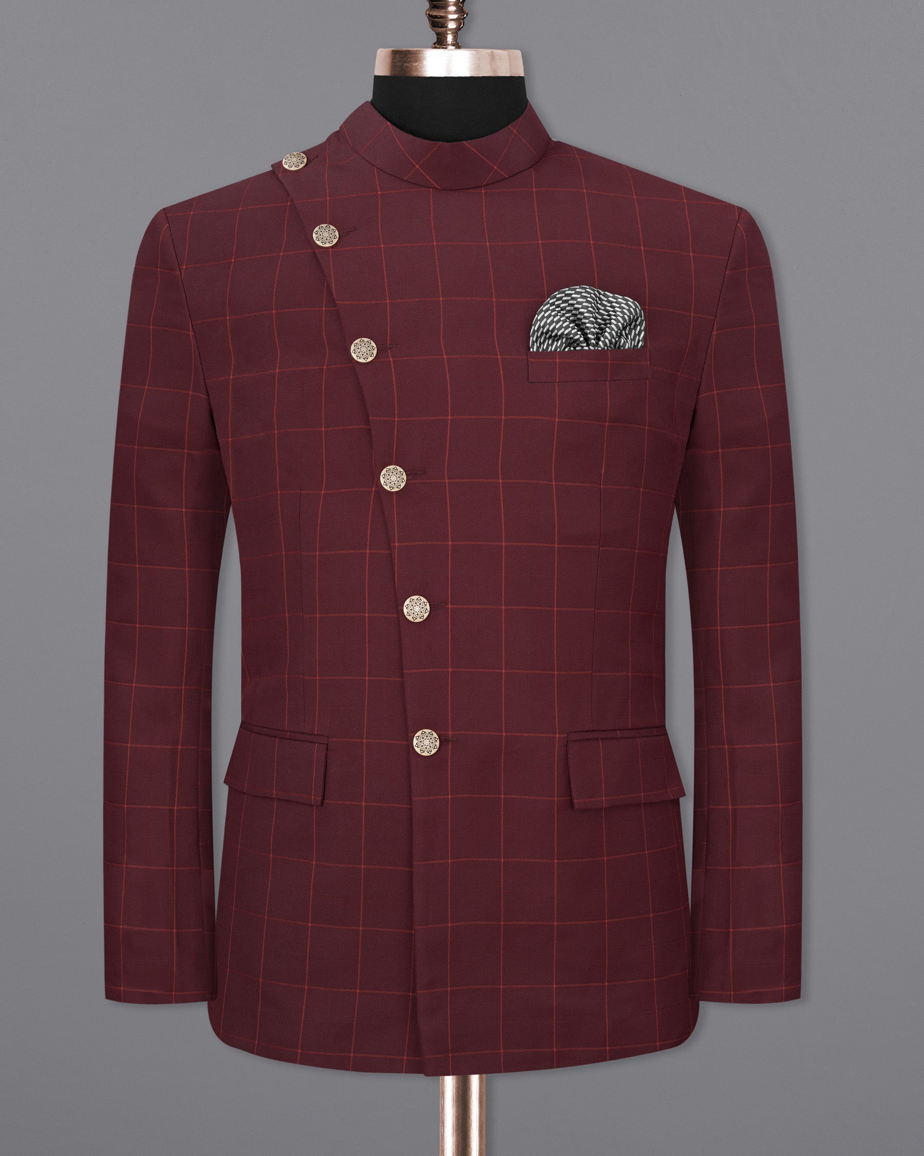 Maroon Oak Windowpane Cross Placket Bandhgala Windowpane Suit