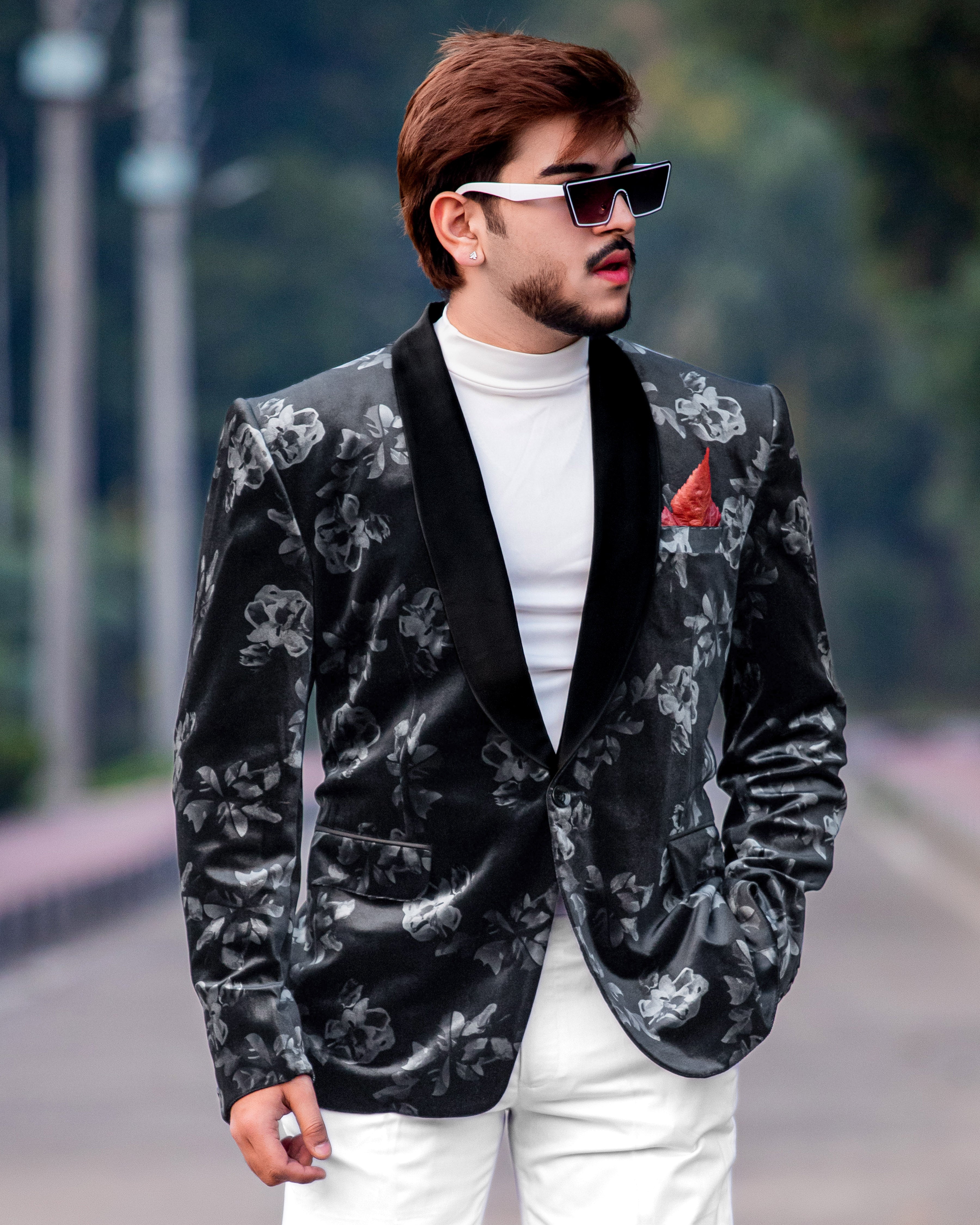 Velvet Black Floral Textured Designer Tuxedo Suit
