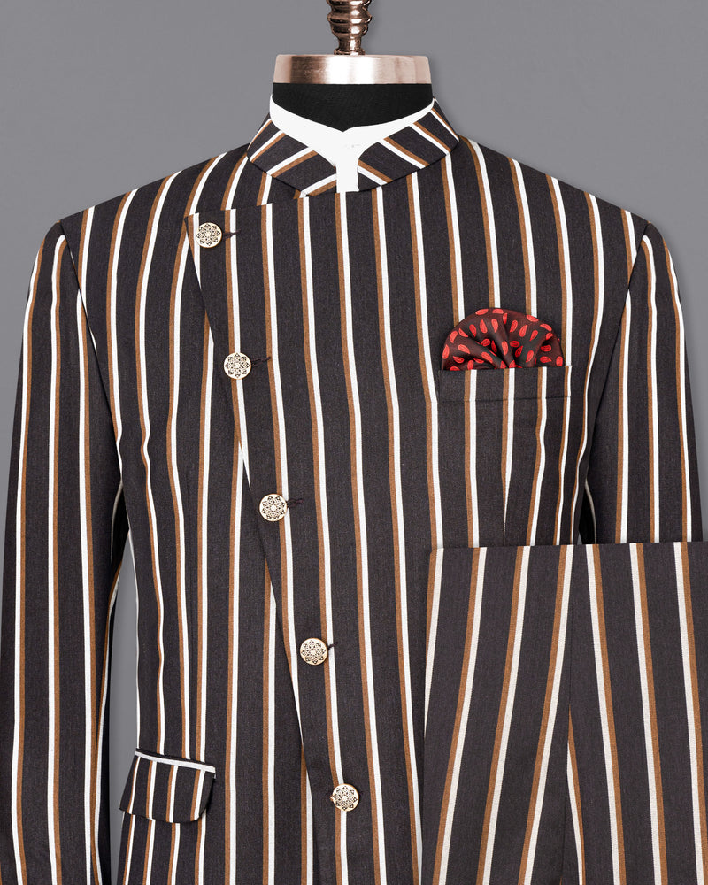 Thunder Brown Striped Cross Buttoned Bandhgala Suit ST1777-CBG-36, ST1777-CBG-38, ST1777-CBG-40, ST1777-CBG-42, ST1777-CBG-44, ST1777-CBG-46, ST1777-CBG-48, ST1777-CBG-50, ST1777-CBG-52, ST1777-CBG-54, ST1777-CBG-56, ST1777-CBG-58, ST1777-CBG-60