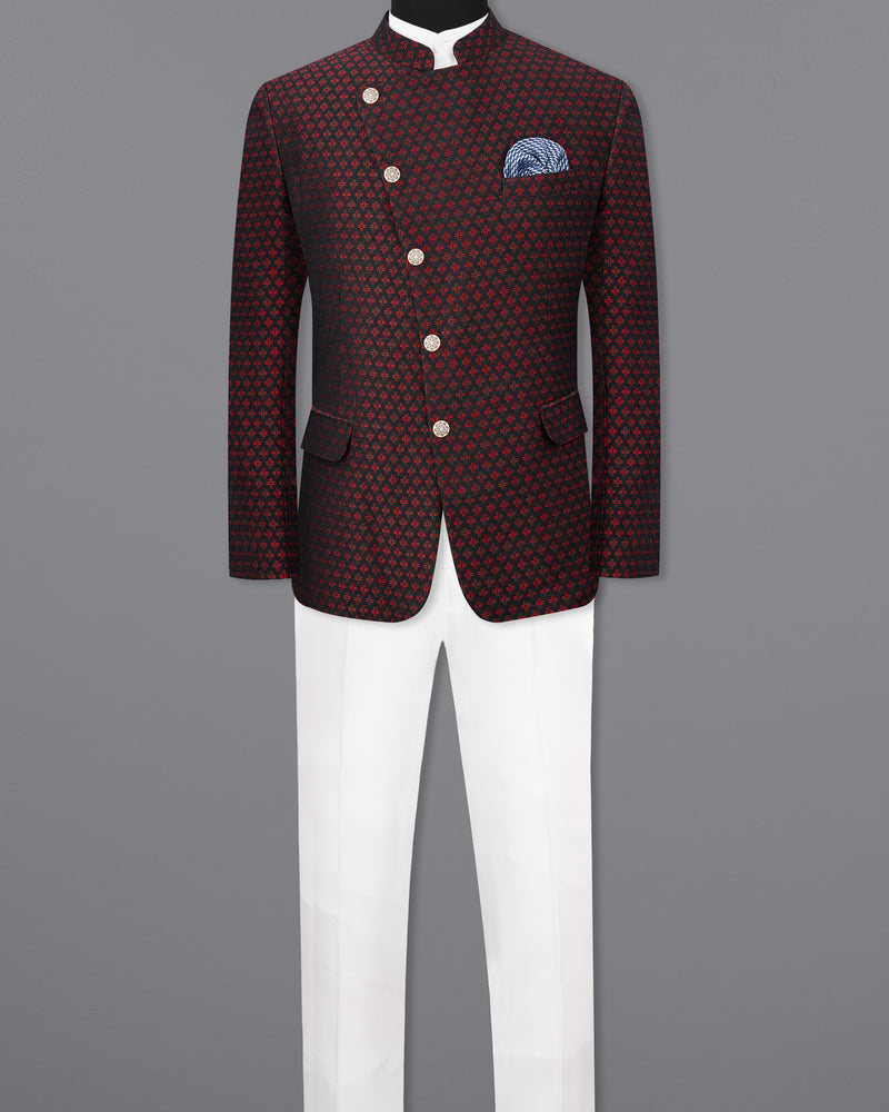 Claret Red and Jade Black Houndstooth Texture Cross Buttoned Bandhgala Suit ST1786-CBG-36, ST1786-CBG-38, ST1786-CBG-40, ST1786-CBG-42, ST1786-CBG-44, ST1786-CBG-46, ST1786-CBG-48, ST1786-CBG-50, ST1786-CBG-52, ST1786-CBG-54, ST1786-CBG-56, ST1786-CBG-58, ST1786-CBG-60