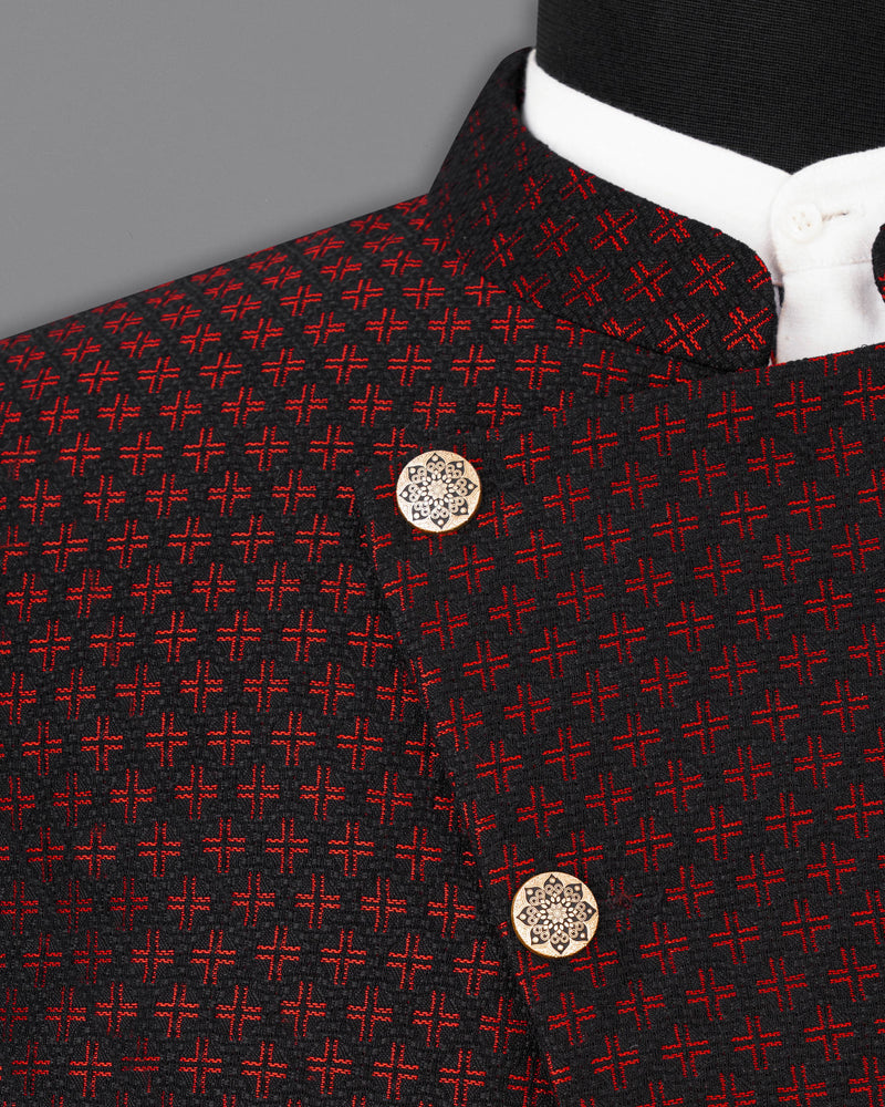 Claret Red and Jade Black Houndstooth Texture Cross Buttoned Bandhgala Suit ST1786-CBG-36, ST1786-CBG-38, ST1786-CBG-40, ST1786-CBG-42, ST1786-CBG-44, ST1786-CBG-46, ST1786-CBG-48, ST1786-CBG-50, ST1786-CBG-52, ST1786-CBG-54, ST1786-CBG-56, ST1786-CBG-58, ST1786-CBG-60