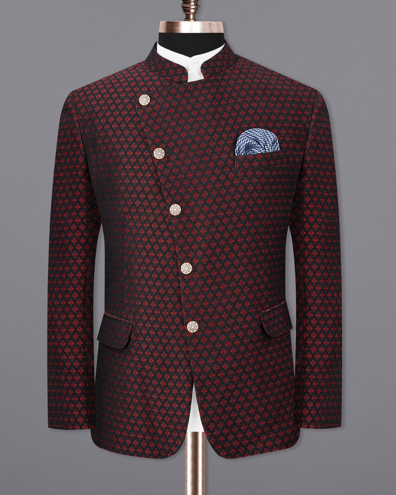 Claret Red and Jade Black Houndstooth Texture Cross Placket Bandhgala Suit