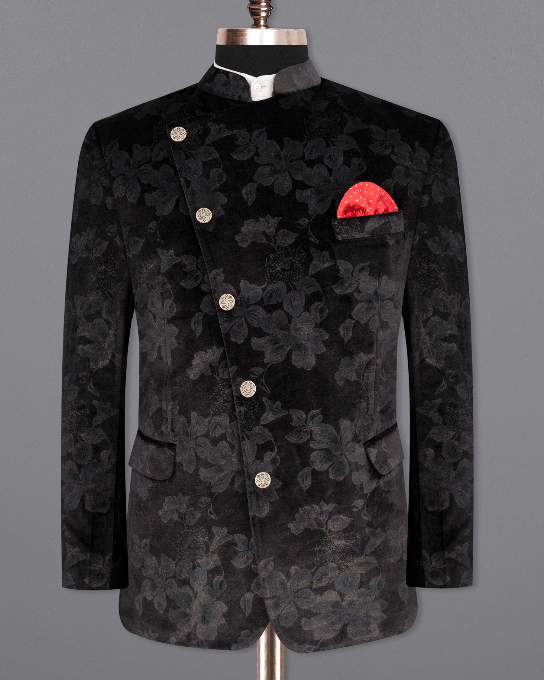 Jade Black Damask Inspired velvet Designed Cross-Buttoned Bandhgala Suit ST1804-CBG-36, ST1804-CBG-38, ST1804-CBG-40, ST1804-CBG-42, ST1804-CBG-44, ST1804-CBG-46, ST1804-CBG-48, ST1804-CBG-50, ST1804-CBG-52, ST1804-CBG-54, ST1804-CBG-56, ST1804-CBG-58, ST1804-CBG-60