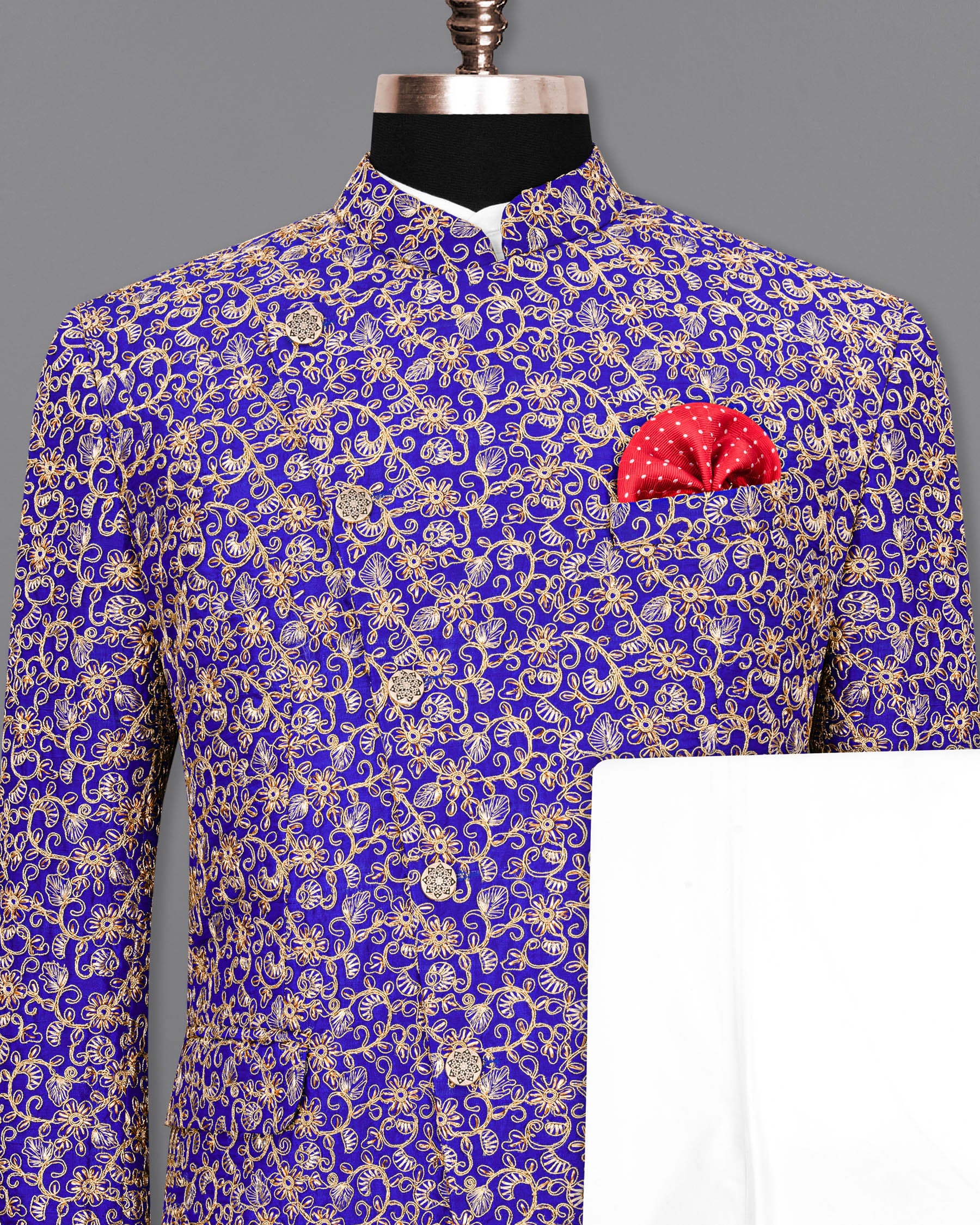 Sapphire Blue and Fawn Embroidery Cross-Buttoned Bandhgala Designer Suit ST1813-CBG-36, ST1813-CBG-38, ST1813-CBG-40, ST1813-CBG-42, ST1813-CBG-44, ST1813-CBG-46, ST1813-CBG-48, ST1813-CBG-50, ST1813-CBG-52, ST1813-CBG-54, ST1813-CBG-56, ST1813-CBG-58, ST1813-CBG-60