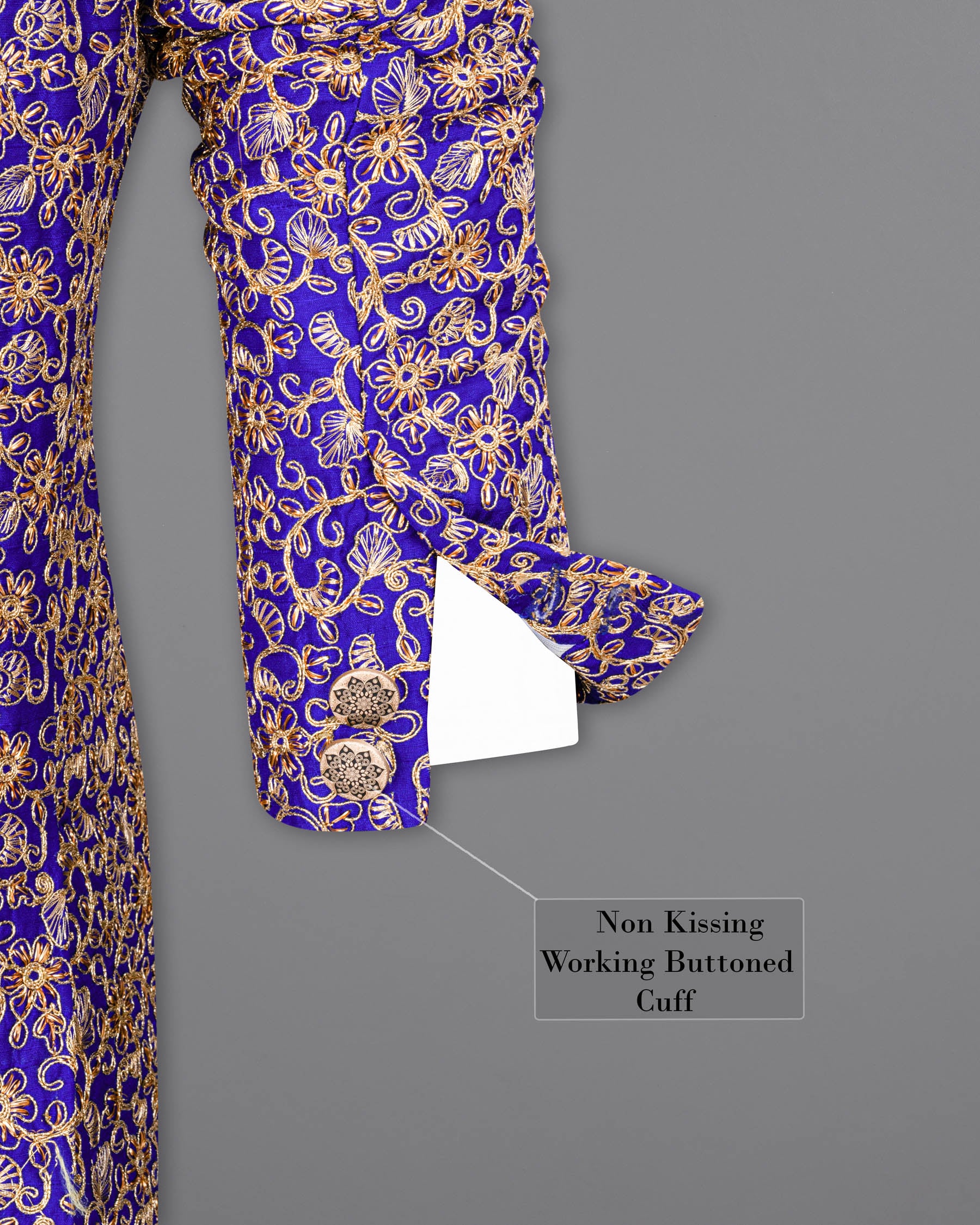 Sapphire Blue and Fawn Embroidery Cross-Buttoned Bandhgala Designer Suit ST1813-CBG-36, ST1813-CBG-38, ST1813-CBG-40, ST1813-CBG-42, ST1813-CBG-44, ST1813-CBG-46, ST1813-CBG-48, ST1813-CBG-50, ST1813-CBG-52, ST1813-CBG-54, ST1813-CBG-56, ST1813-CBG-58, ST1813-CBG-60