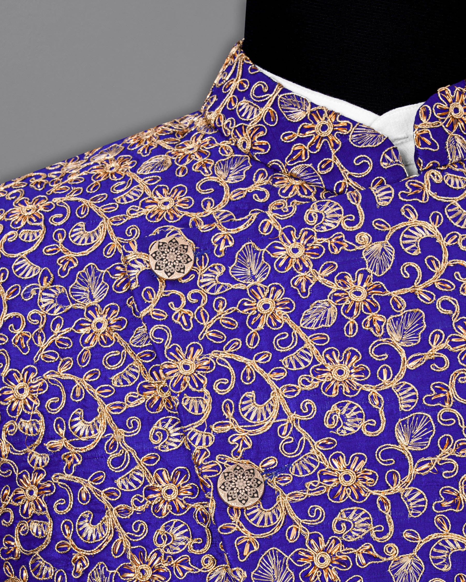 Sapphire Blue and Fawn Embroidery Cross-Buttoned Bandhgala Designer Suit ST1813-CBG-36, ST1813-CBG-38, ST1813-CBG-40, ST1813-CBG-42, ST1813-CBG-44, ST1813-CBG-46, ST1813-CBG-48, ST1813-CBG-50, ST1813-CBG-52, ST1813-CBG-54, ST1813-CBG-56, ST1813-CBG-58, ST1813-CBG-60