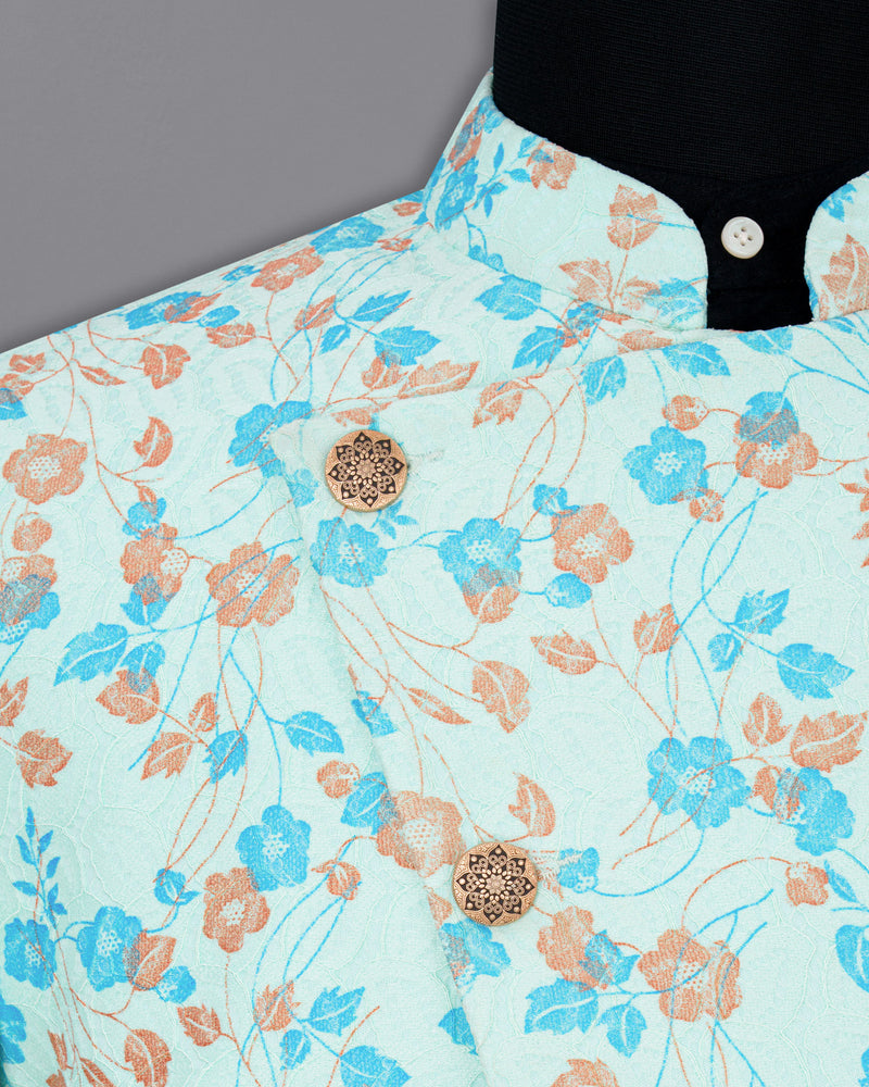Mint Tulip and Tiffany Blue Floral Printed Cross-Button Bandhgala Designer Suit ST1818-CBG-36, ST1818-CBG-38, ST1818-CBG-40, ST1818-CBG-42, ST1818-CBG-44, ST1818-CBG-46, ST1818-CBG-48, ST1818-CBG-50, ST1818-CBG-52, ST1818-CBG-54, ST1818-CBG-56, ST1818-CBG-58, ST1818-CBG-60 