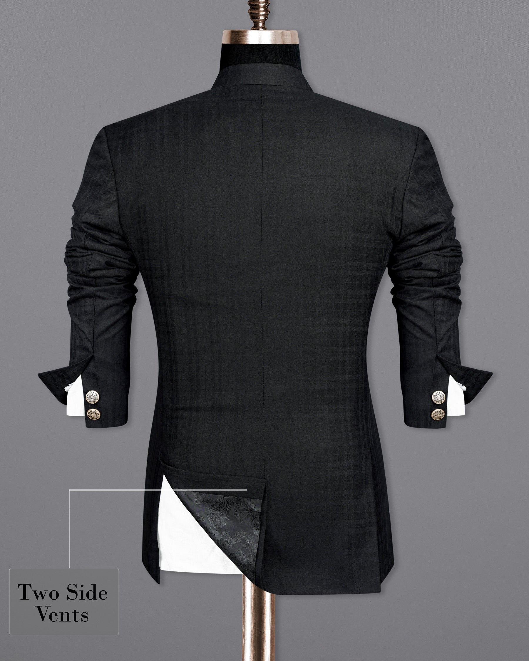 Jade Black Subtle Plaid Bandhgala Suit ST1883-BG-36, ST1883-BG-38, ST1883-BG-40, ST1883-BG-42, ST1883-BG-44, ST1883-BG-46, ST1883-BG-48, ST1883-BG-50, ST1883-BG-52, ST1883-BG-54, ST1883-BG-56, ST1883-BG-58, ST1883-BG-60