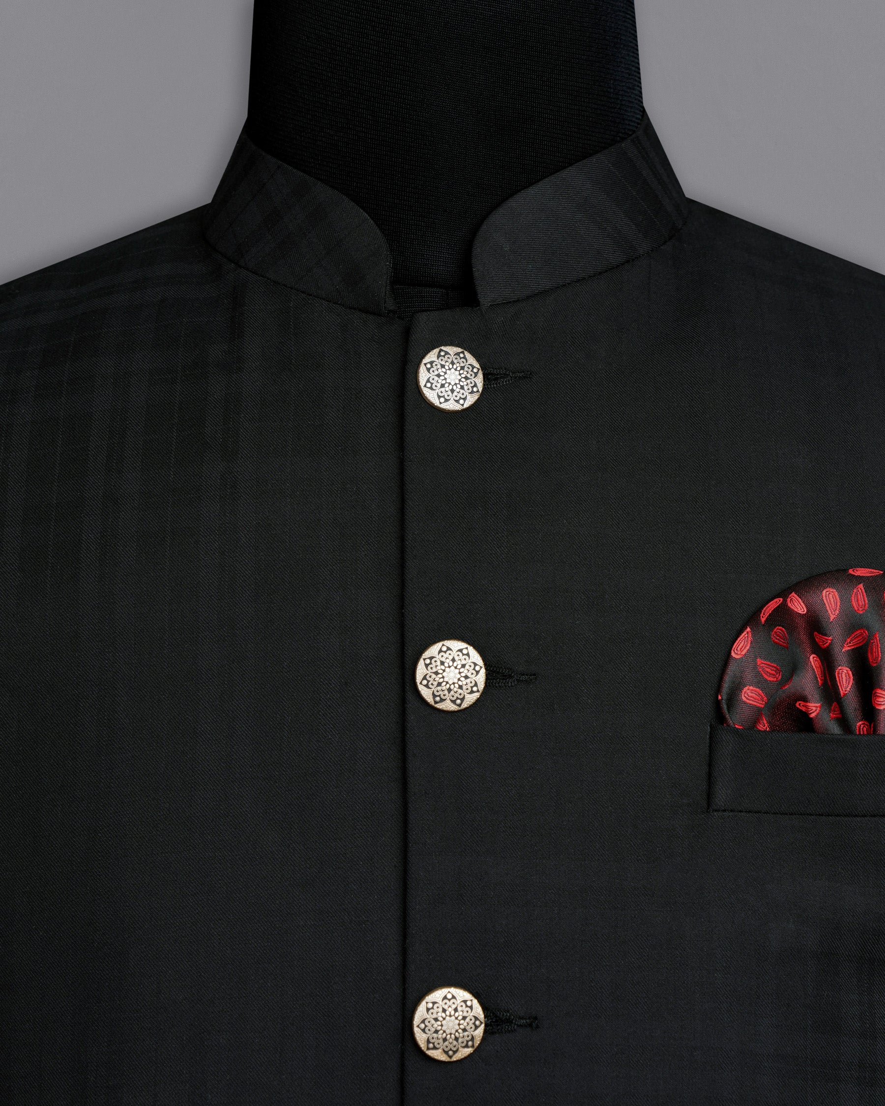 Jade Black Subtle Plaid Bandhgala Suit ST1883-BG-36, ST1883-BG-38, ST1883-BG-40, ST1883-BG-42, ST1883-BG-44, ST1883-BG-46, ST1883-BG-48, ST1883-BG-50, ST1883-BG-52, ST1883-BG-54, ST1883-BG-56, ST1883-BG-58, ST1883-BG-60