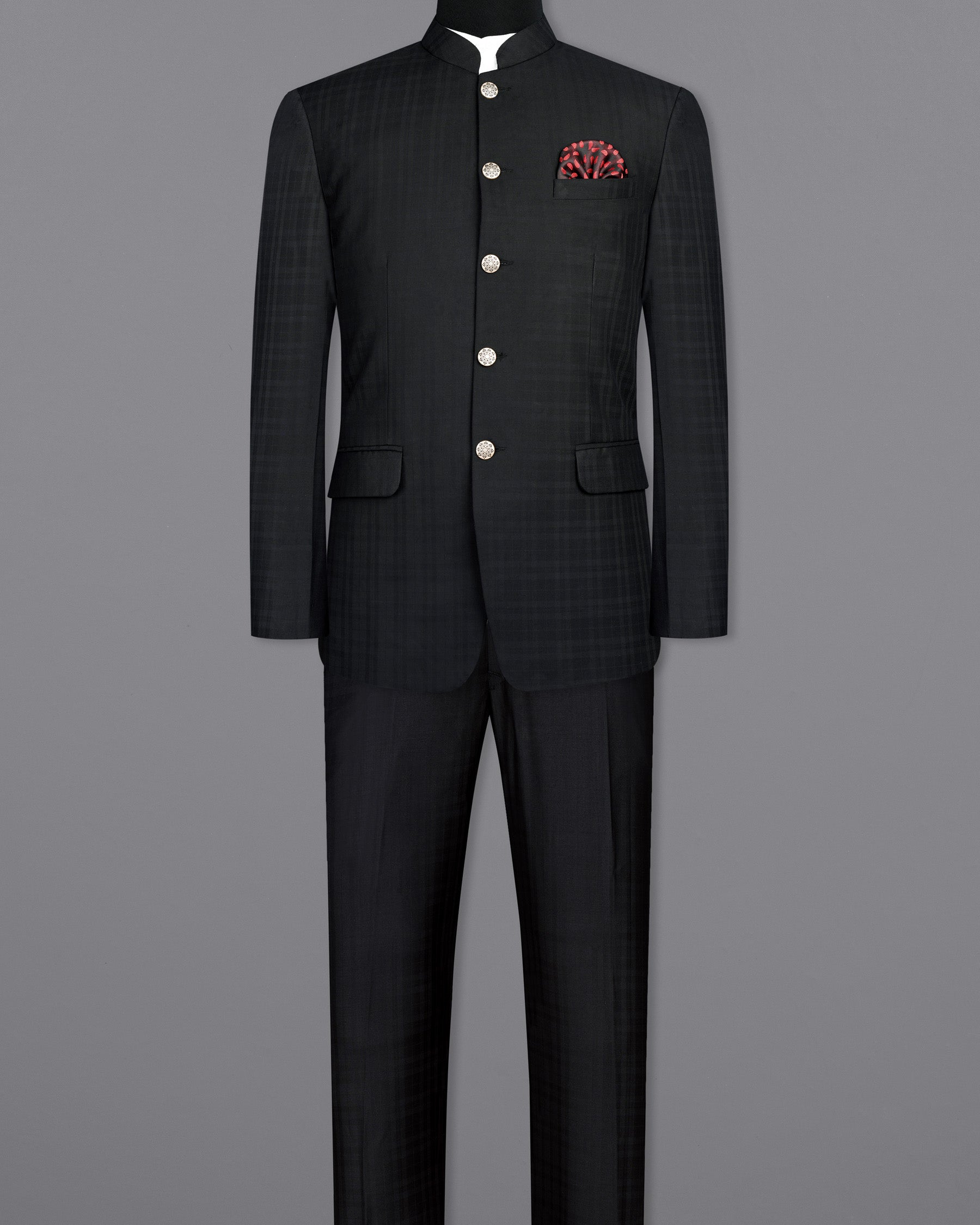 Jade Black Subtle Plaid Bandhgala Suit ST1883-BG-36, ST1883-BG-38, ST1883-BG-40, ST1883-BG-42, ST1883-BG-44, ST1883-BG-46, ST1883-BG-48, ST1883-BG-50, ST1883-BG-52, ST1883-BG-54, ST1883-BG-56, ST1883-BG-58, ST1883-BG-60