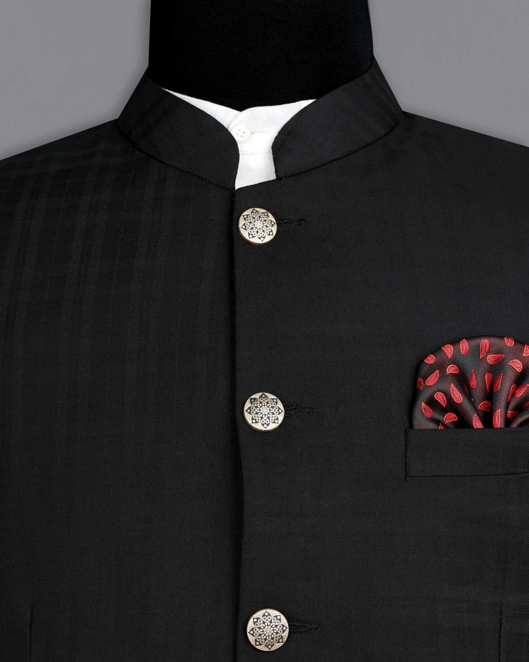 Jade Black Subtle Plaid Bandhgala Suit ST1883-BG-36, ST1883-BG-38, ST1883-BG-40, ST1883-BG-42, ST1883-BG-44, ST1883-BG-46, ST1883-BG-48, ST1883-BG-50, ST1883-BG-52, ST1883-BG-54, ST1883-BG-56, ST1883-BG-58, ST1883-BG-60
