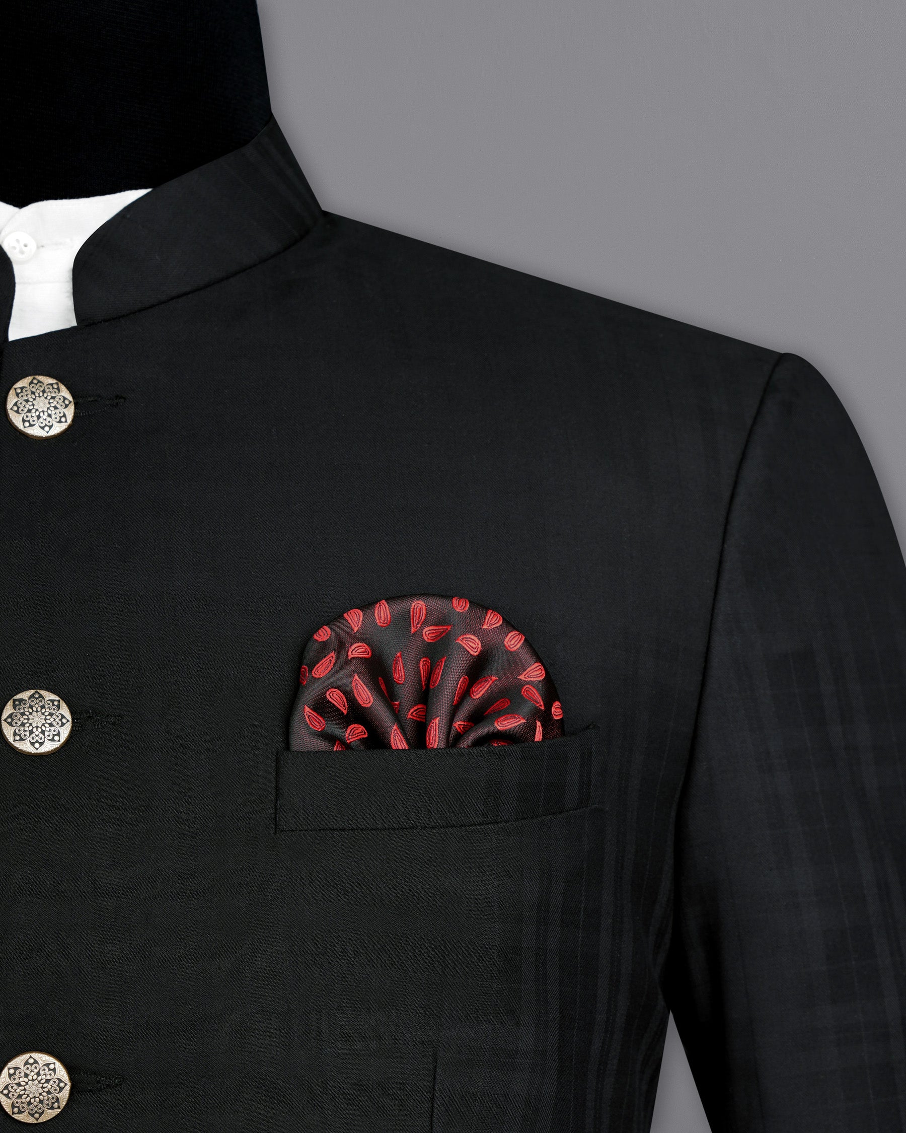 Jade Black Subtle Plaid Bandhgala Suit ST1883-BG-36, ST1883-BG-38, ST1883-BG-40, ST1883-BG-42, ST1883-BG-44, ST1883-BG-46, ST1883-BG-48, ST1883-BG-50, ST1883-BG-52, ST1883-BG-54, ST1883-BG-56, ST1883-BG-58, ST1883-BG-60