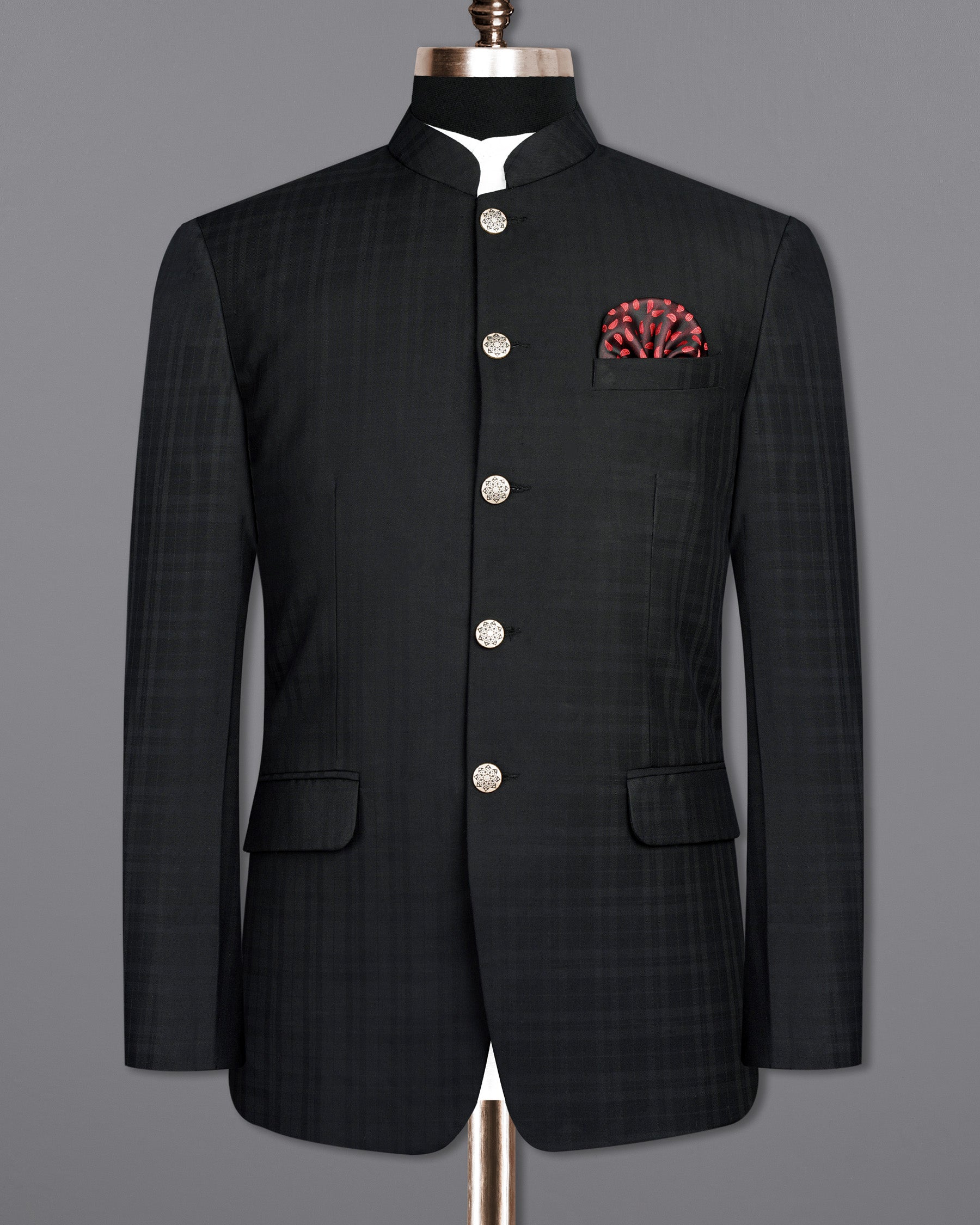 Jade Black Subtle Plaid Bandhgala Suit ST1883-BG-36, ST1883-BG-38, ST1883-BG-40, ST1883-BG-42, ST1883-BG-44, ST1883-BG-46, ST1883-BG-48, ST1883-BG-50, ST1883-BG-52, ST1883-BG-54, ST1883-BG-56, ST1883-BG-58, ST1883-BG-60