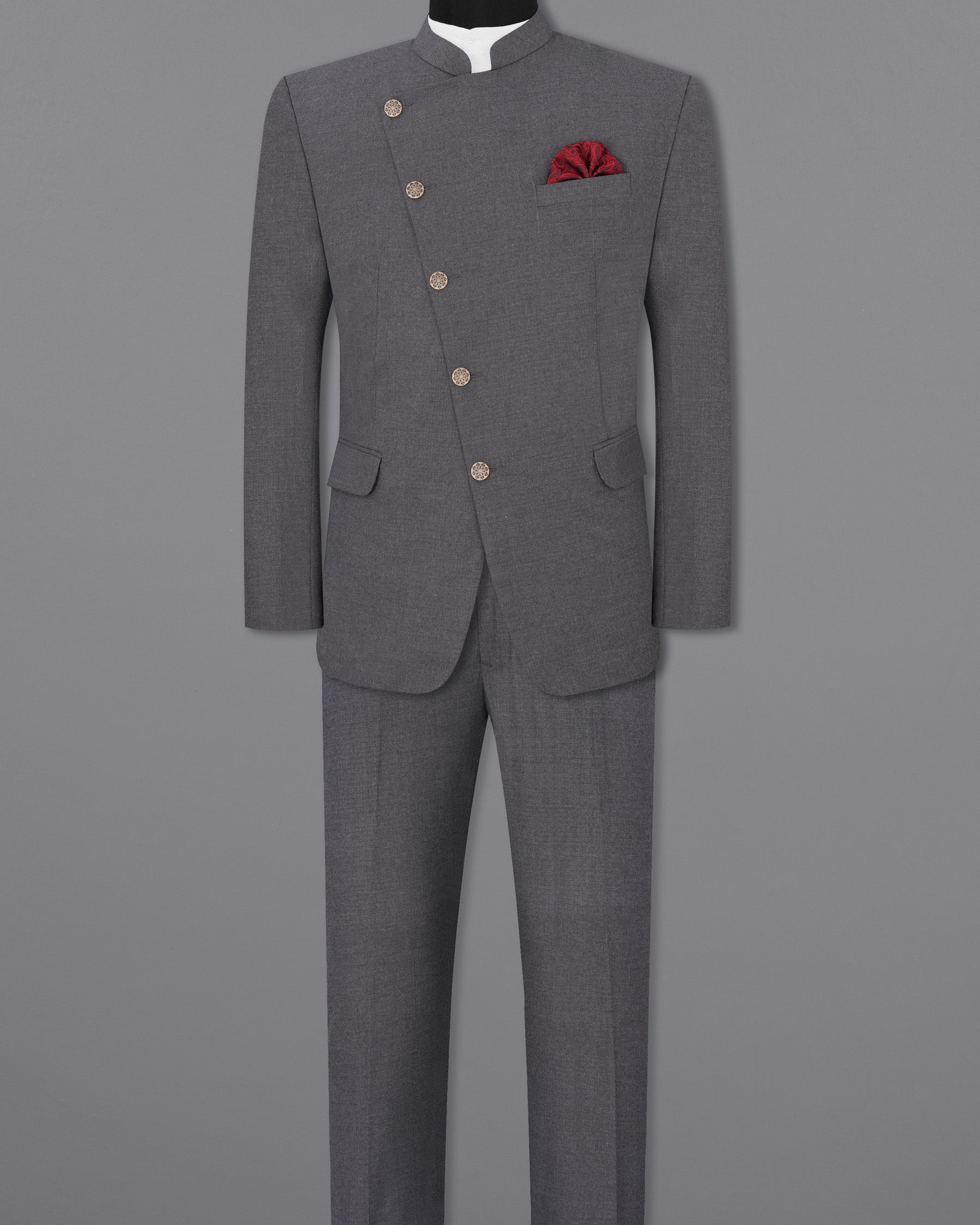 Vampire Gray Cross Buttoned Bandhgala Suit ST1903-CBG-36, ST1903-CBG-38, ST1903-CBG-40, ST1903-CBG-42, ST1903-CBG-44, ST1903-CBG-46, ST1903-CBG-48, ST1903-CBG-50, ST1903-CBG-52, ST1903-CBG-54, ST1903-CBG-56, ST1903-CBG-58, ST1903-CBG-60