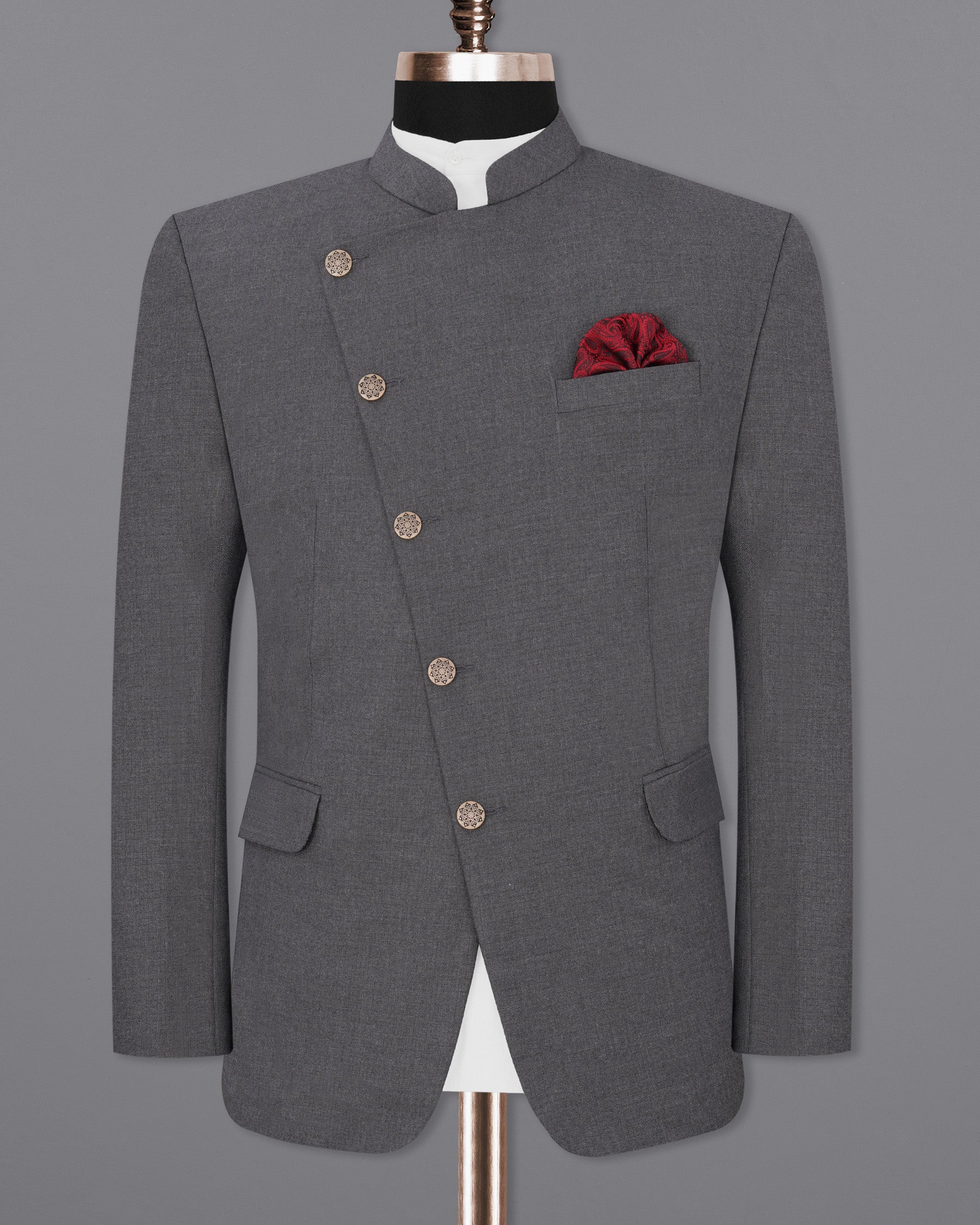 Vampire Gray Cross Buttoned Bandhgala Suit ST1903-CBG-36, ST1903-CBG-38, ST1903-CBG-40, ST1903-CBG-42, ST1903-CBG-44, ST1903-CBG-46, ST1903-CBG-48, ST1903-CBG-50, ST1903-CBG-52, ST1903-CBG-54, ST1903-CBG-56, ST1903-CBG-58, ST1903-CBG-60