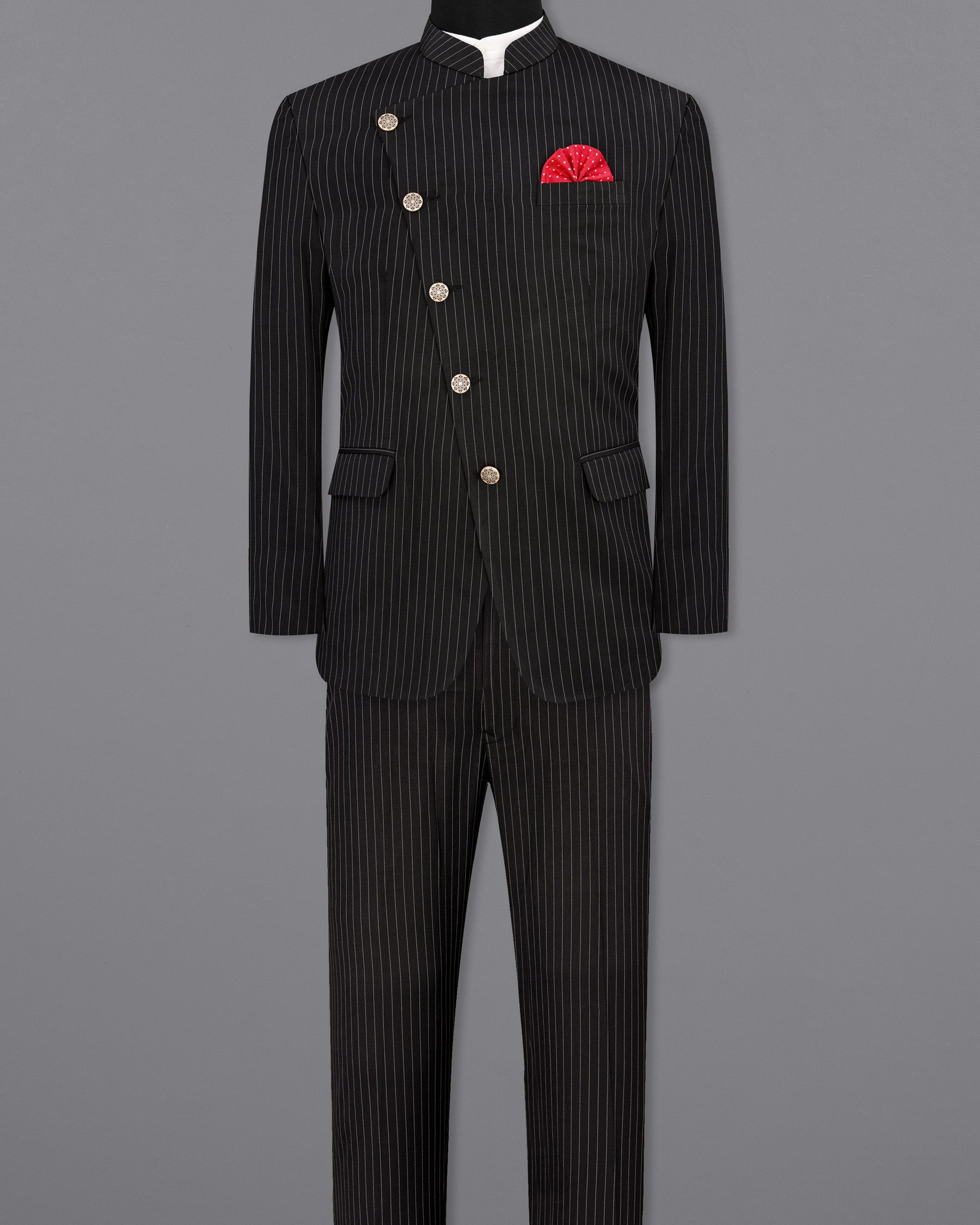 Jade Black Striped Cross Buttoned Bandhgala Suit ST1908-CBG-36, ST1908-CBG-38, ST1908-CBG-40, ST1908-CBG-42, ST1908-CBG-44, ST1908-CBG-46, ST1908-CBG-48, ST1908-CBG-50, ST1908-CBG-52, ST1908-CBG-54, ST1908-CBG-56, ST1908-CBG-58, ST1908-CBG-60