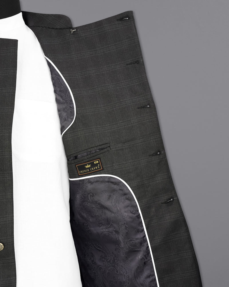 Charcoal Gray Plaid Cross Placket Bandhgala Suit