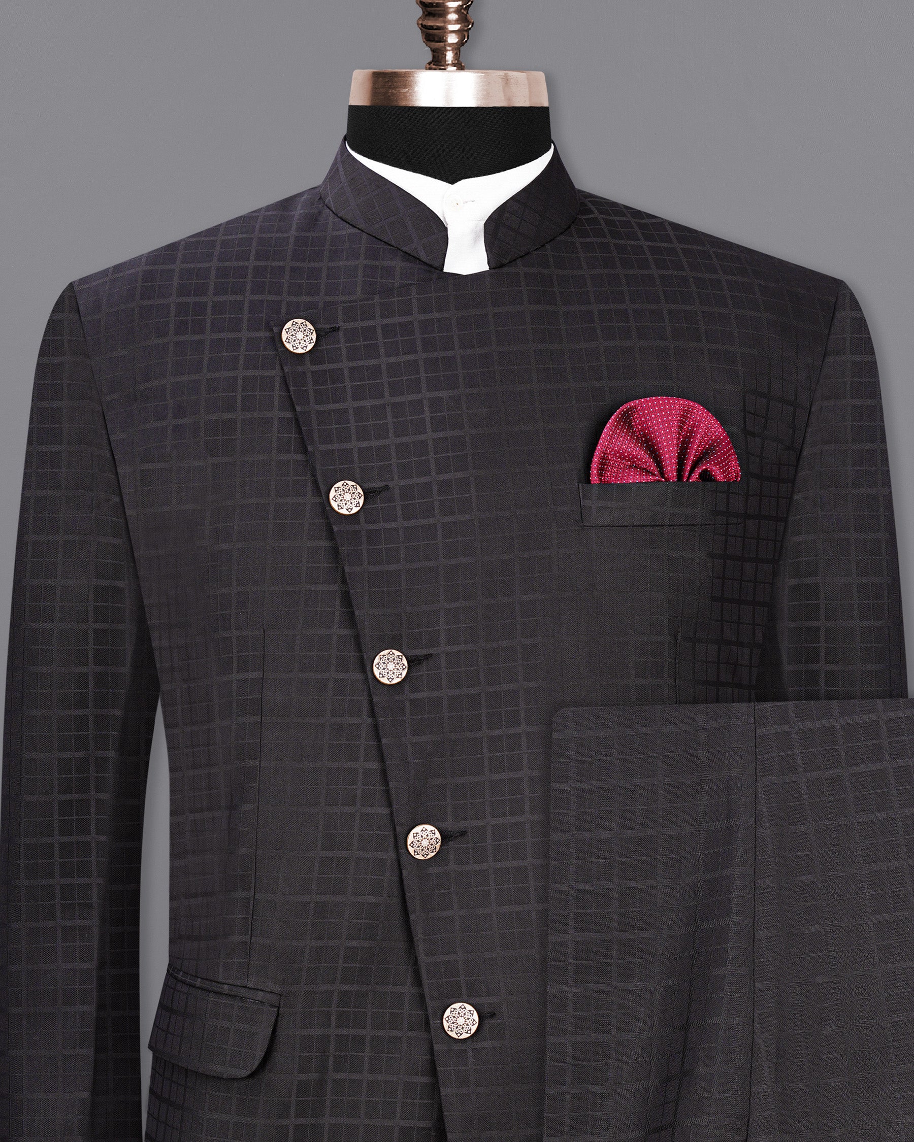 Baltic Sea Black Subtle Plaid Cross Placket Bandhgala Suit