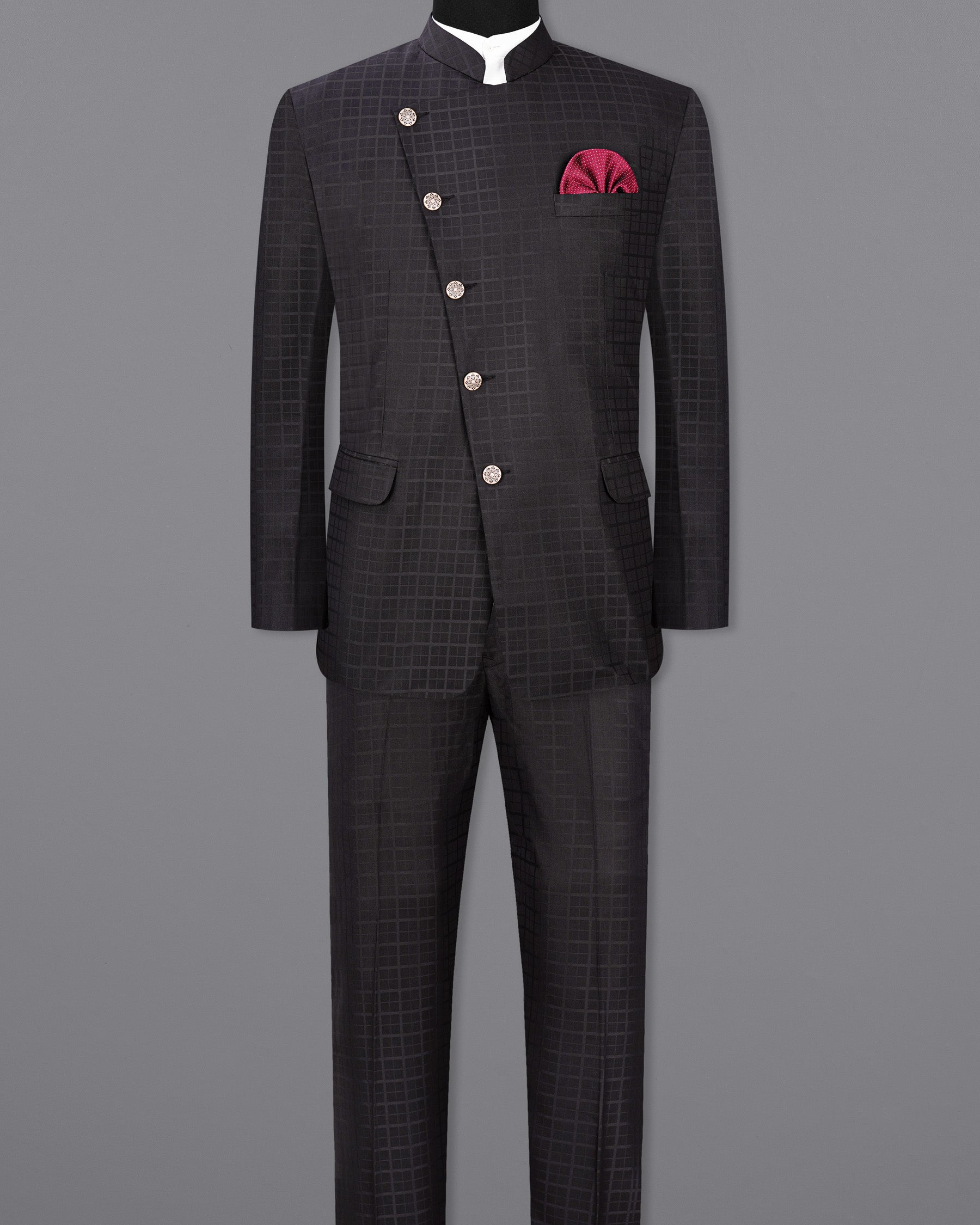 Baltic Sea Black Subtle Plaid Cross Placket Bandhgala Suit