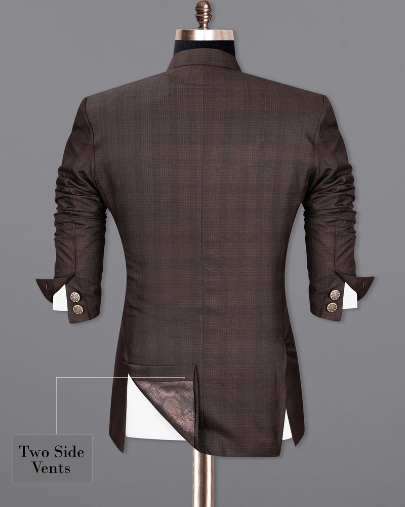 Birch Brown Plaid Cross Placket Bandhgala Suit