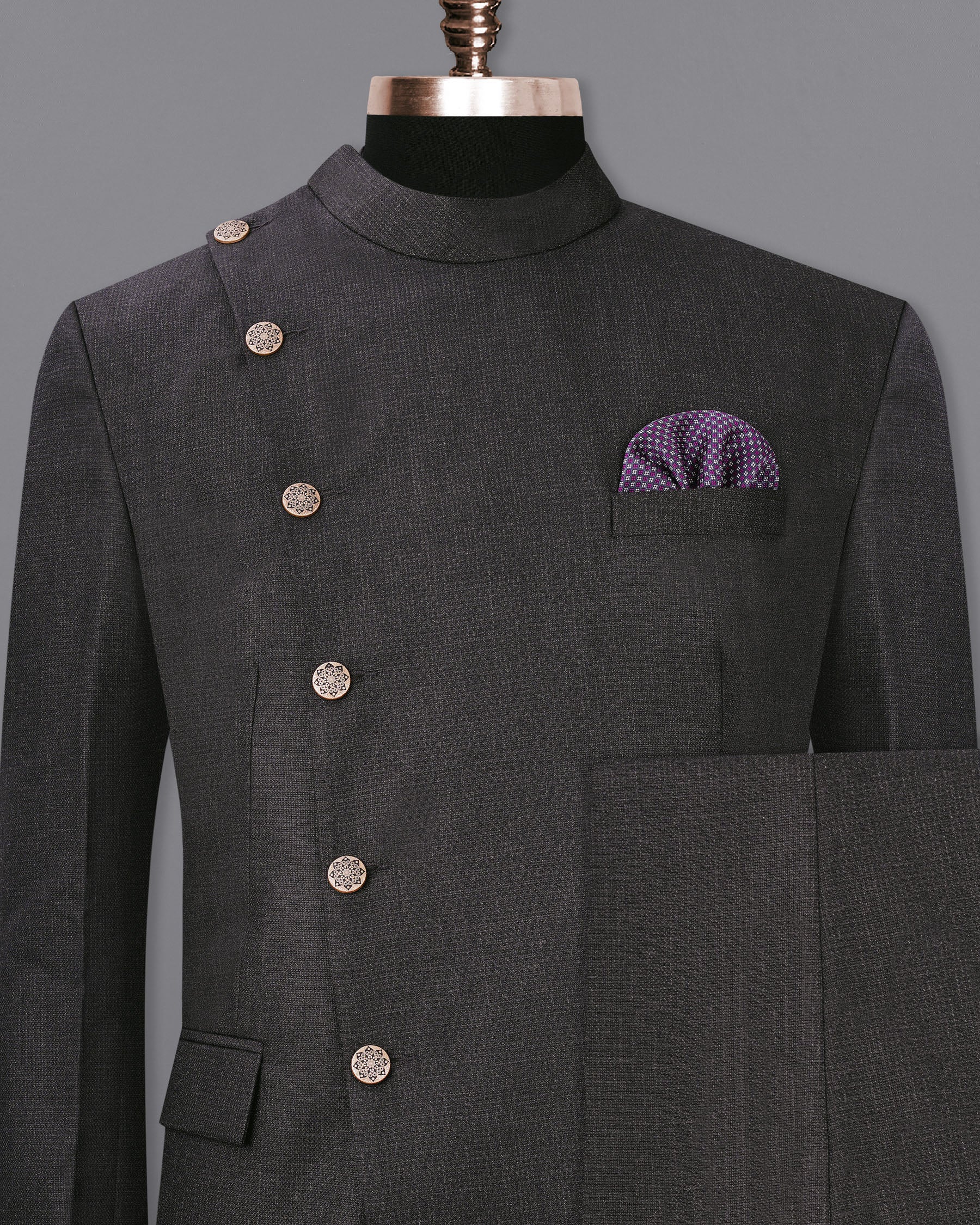 Piano Gray Cross Placket Bandhgala Suit