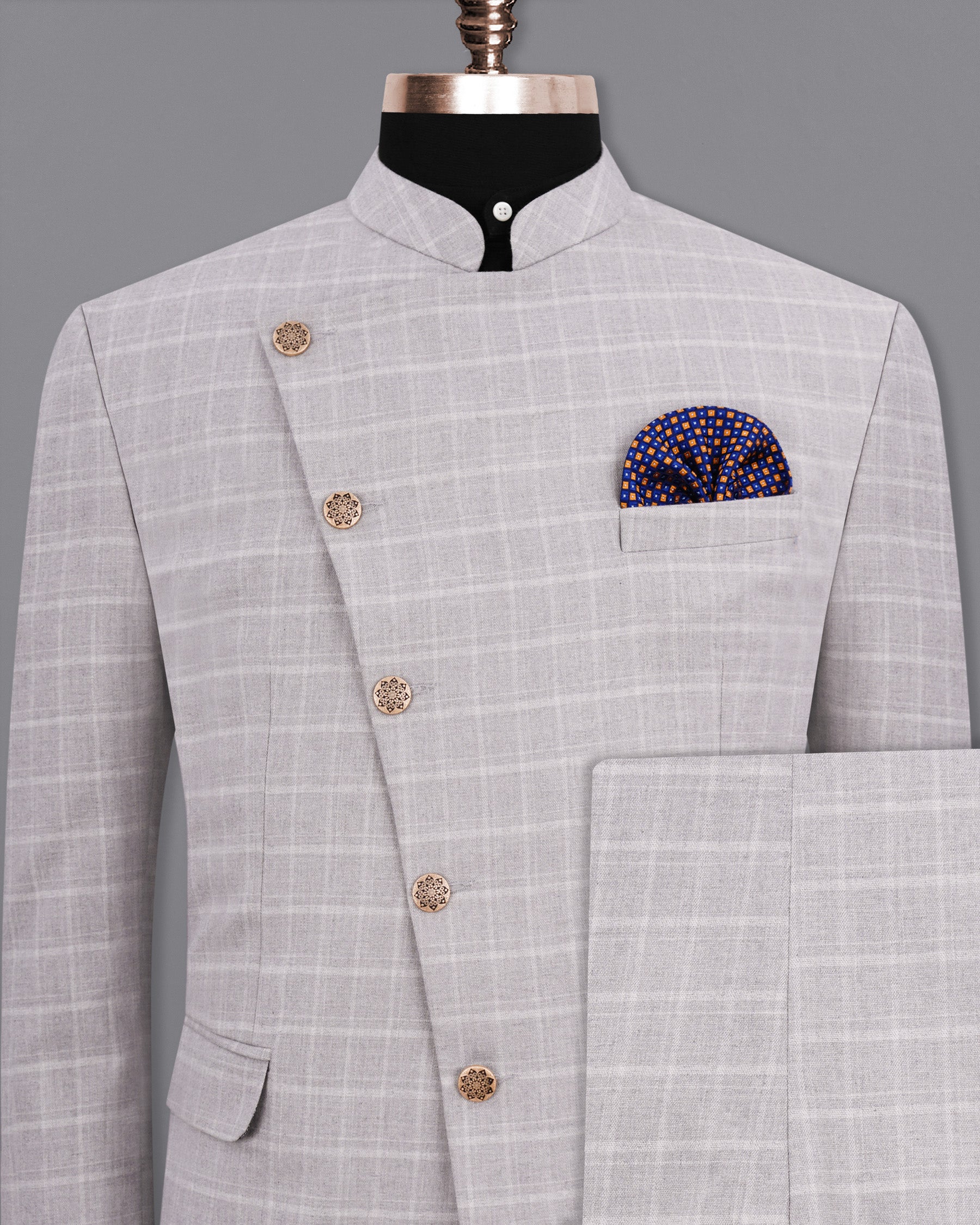 Bronco Light Gray Plaid Cross Placket Bandhgala Suit