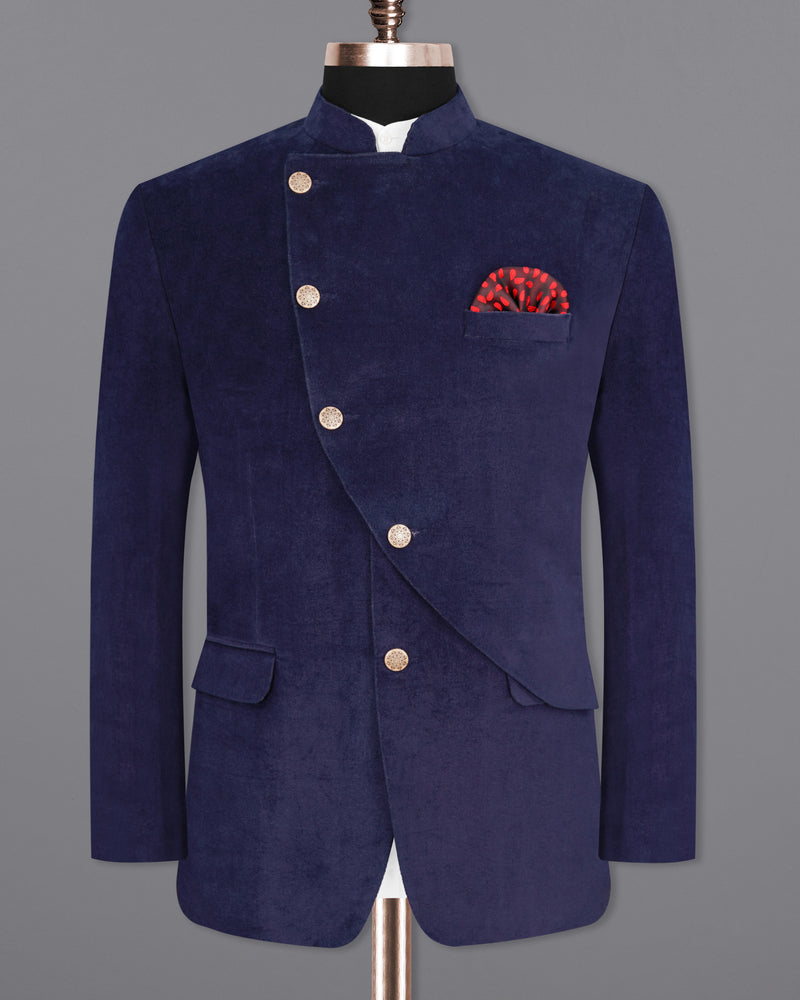 Tolopea Navy Blue Cross Placket Bandhgala Corduroy Premium Cotton Designer Suit