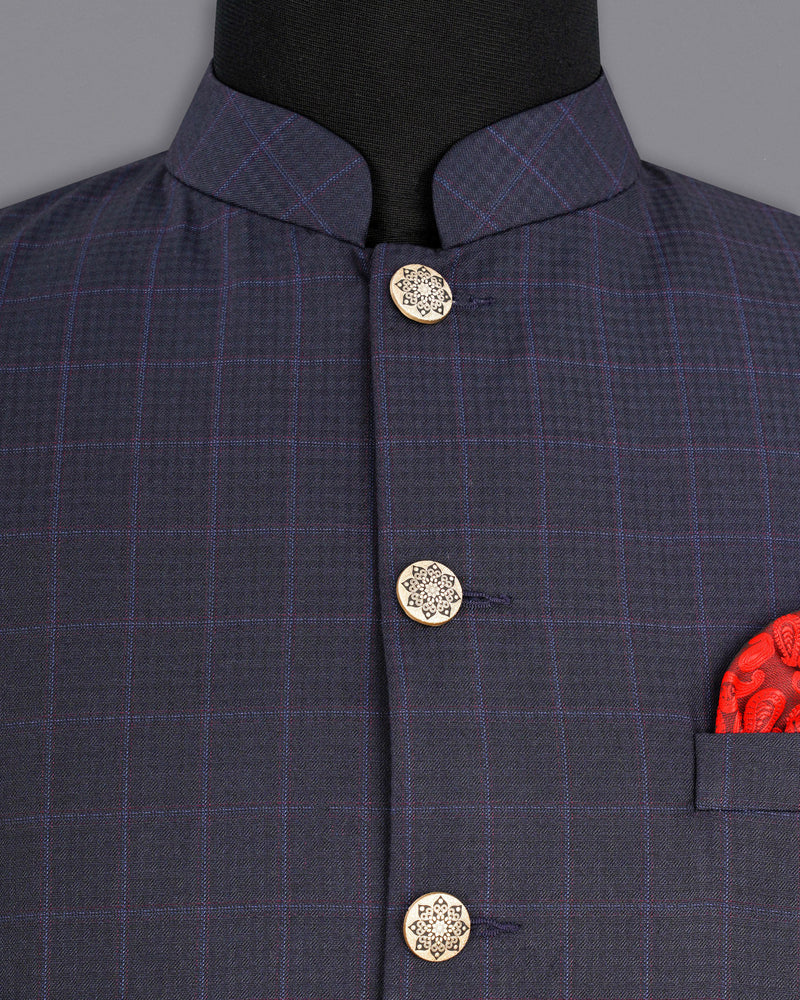 Gravel Gray Windowpane Cross Placket Bandhgala Suit