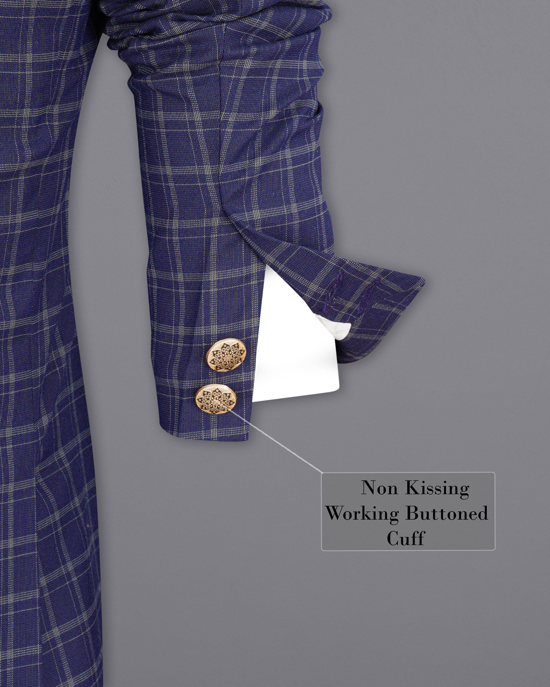 Mulled Wine Blue With Casper Gray Checkered Cross Placket Bandhgala Suit