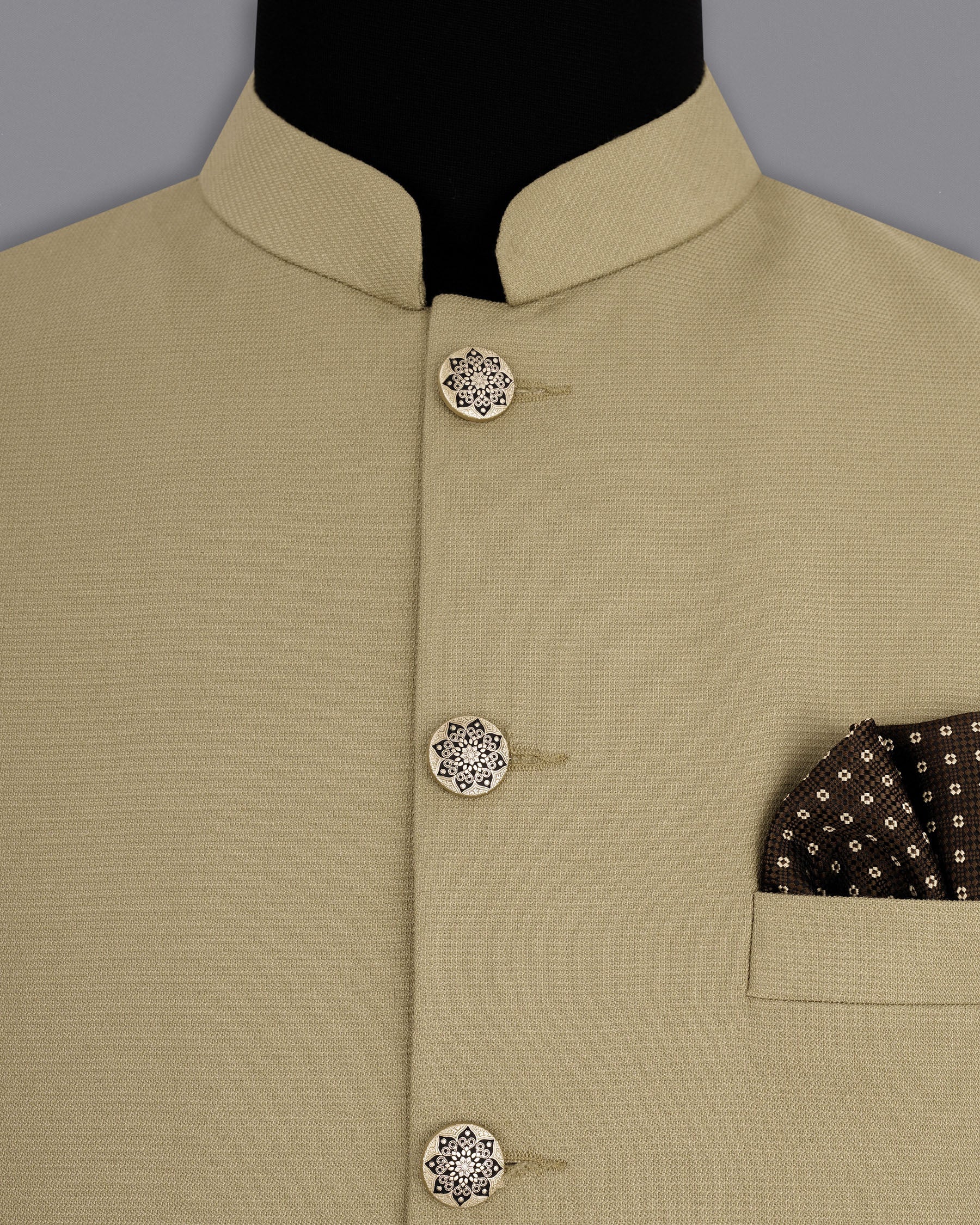 Sandrift Beige Cross Placket Bandhgala Suit