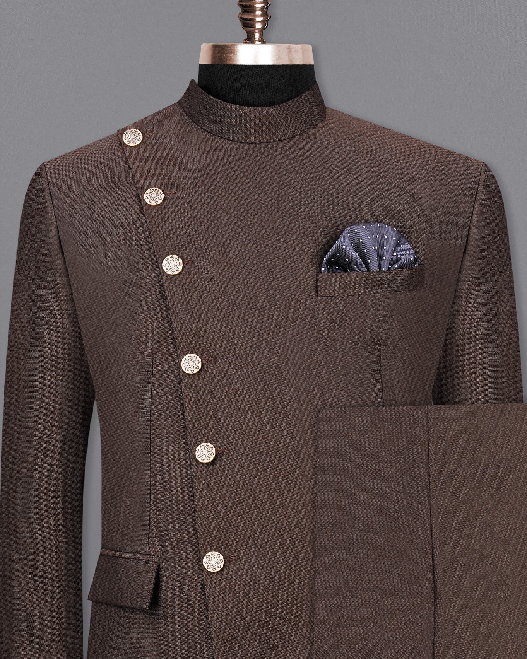 English Walnut Brown Cross Placket Bandhgala Suit