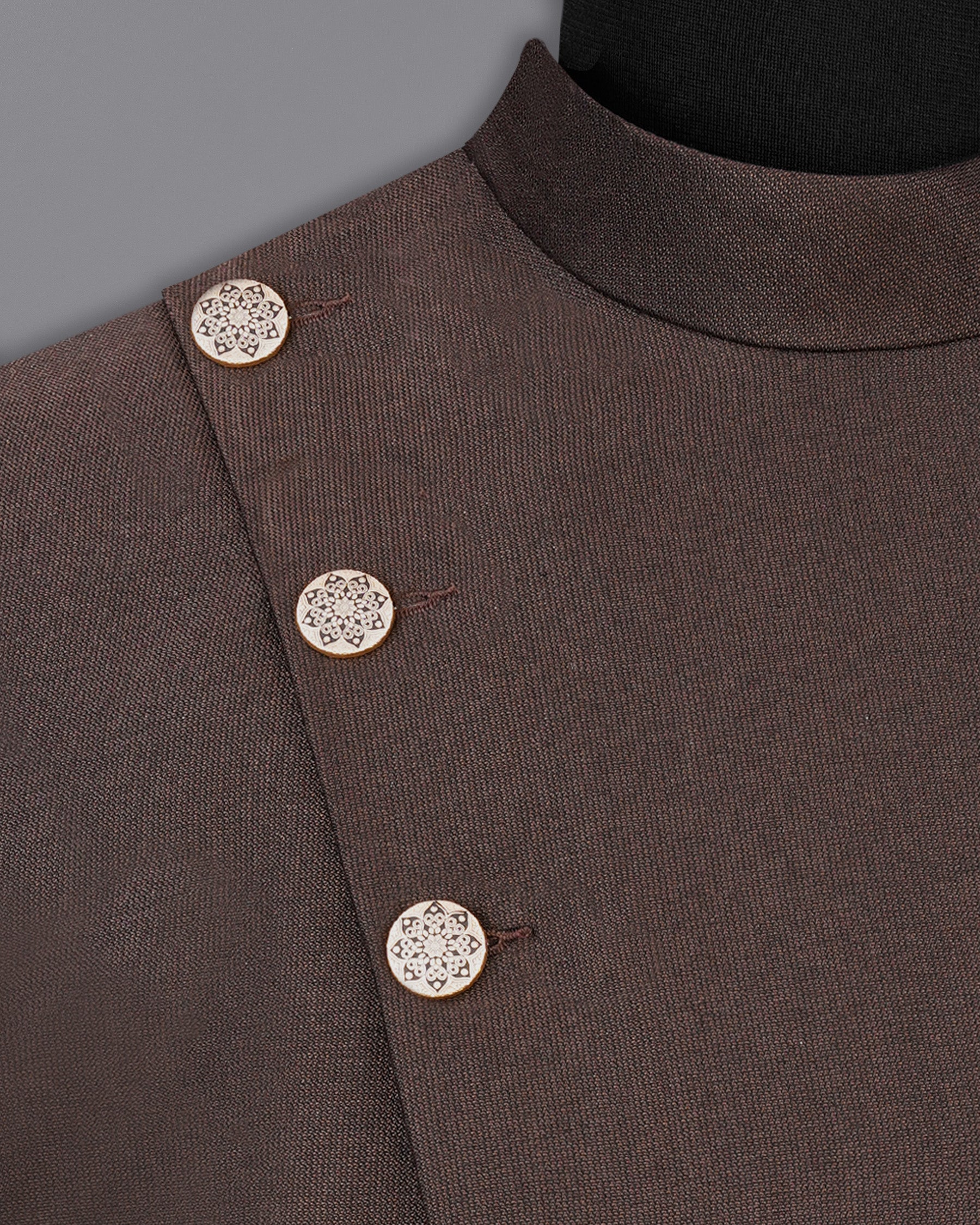 English Walnut Brown Cross Placket Bandhgala Suit