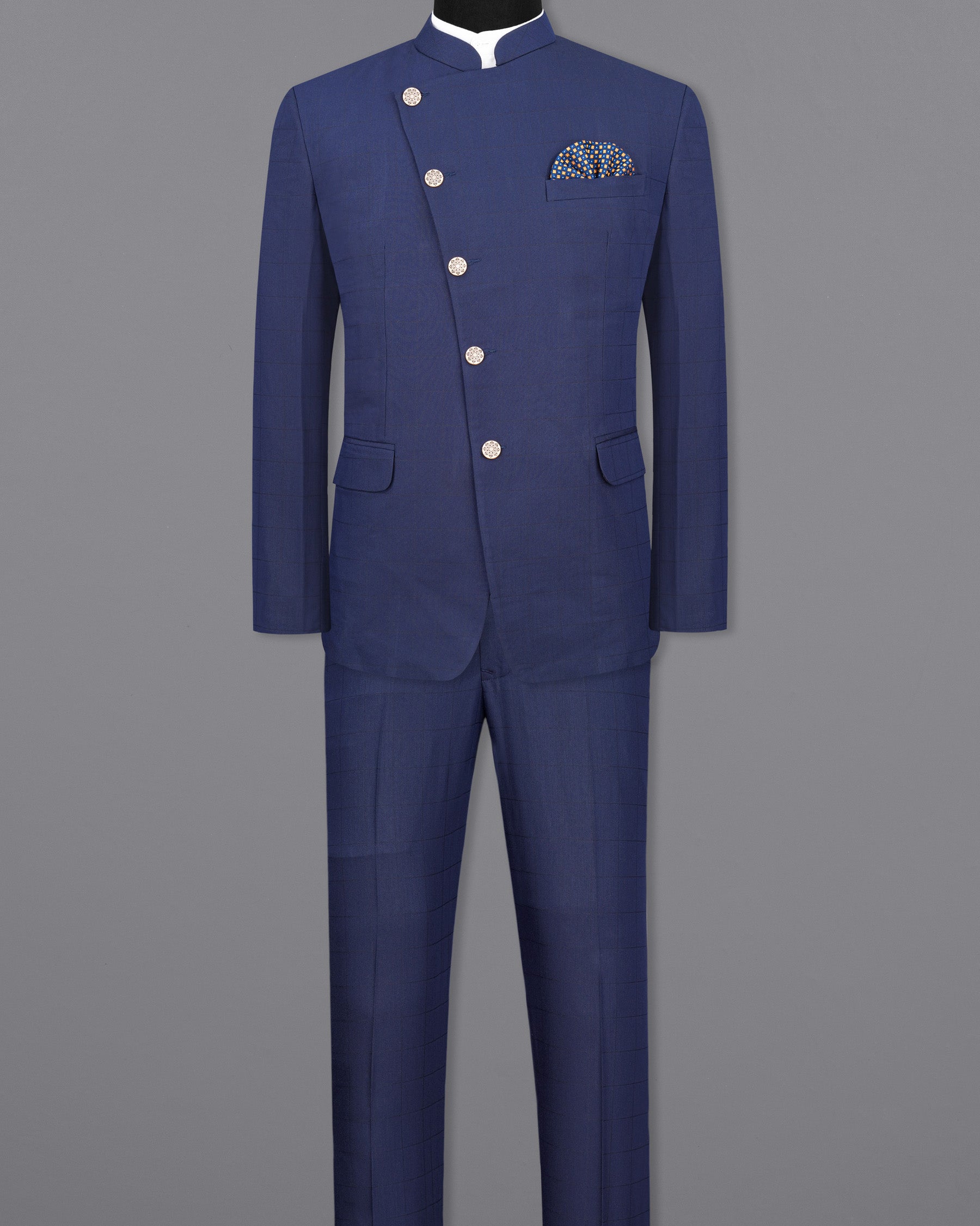 Rhino Blue Cross Placket Bandhgala Suit