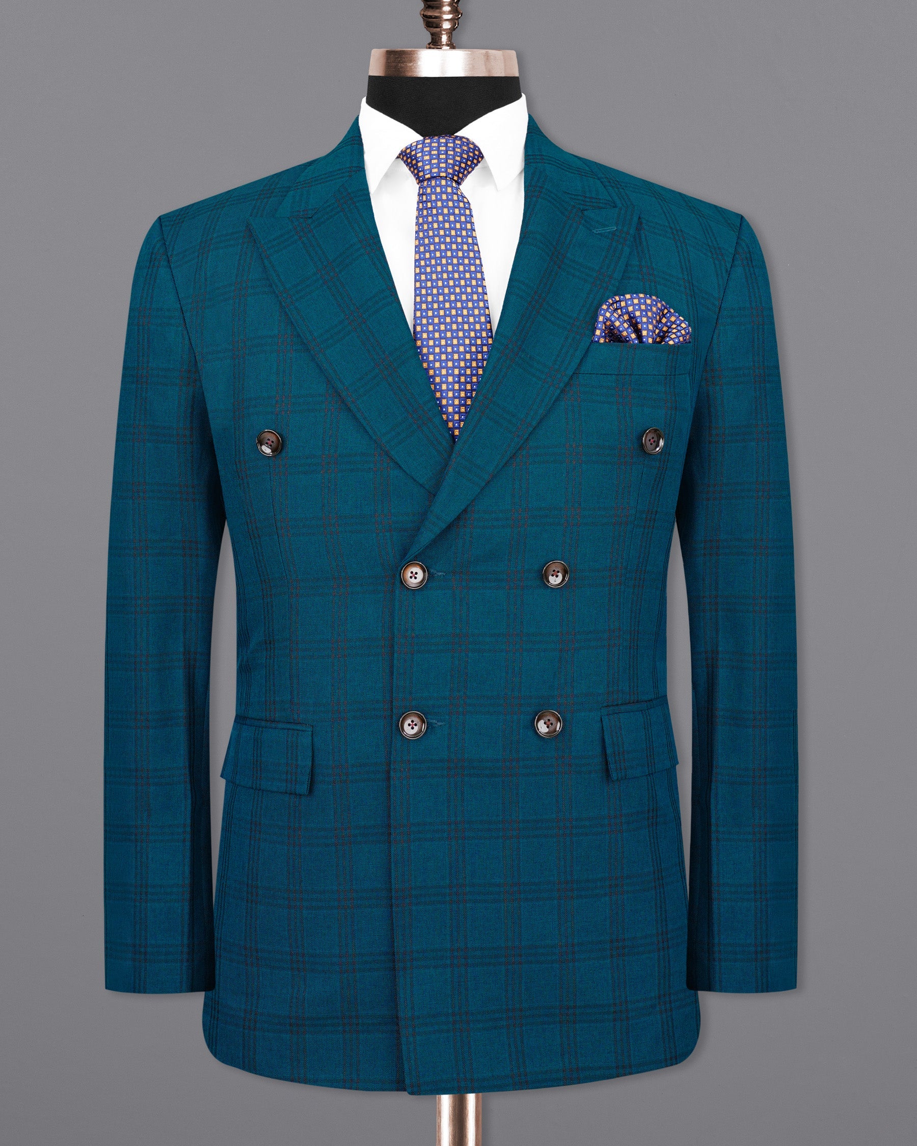 Sapphire Blue With Black Plaid Double Breasted Suit