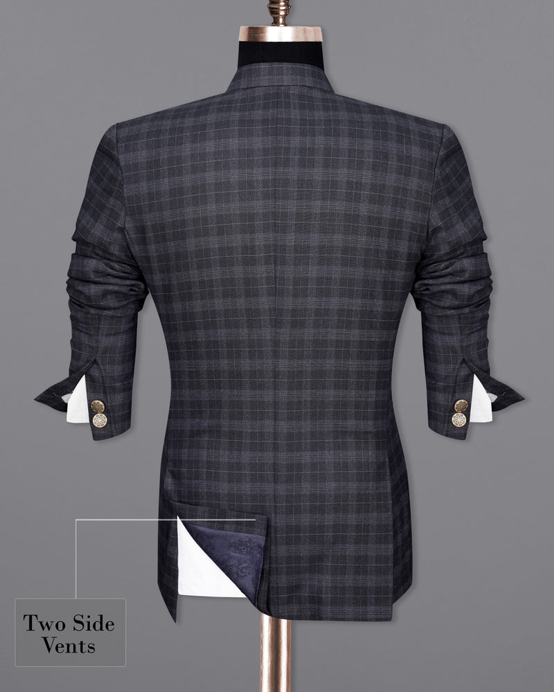 Iridium Dark Gray With Mobster Gray Plaid Cross Placket Bandhgala Suit