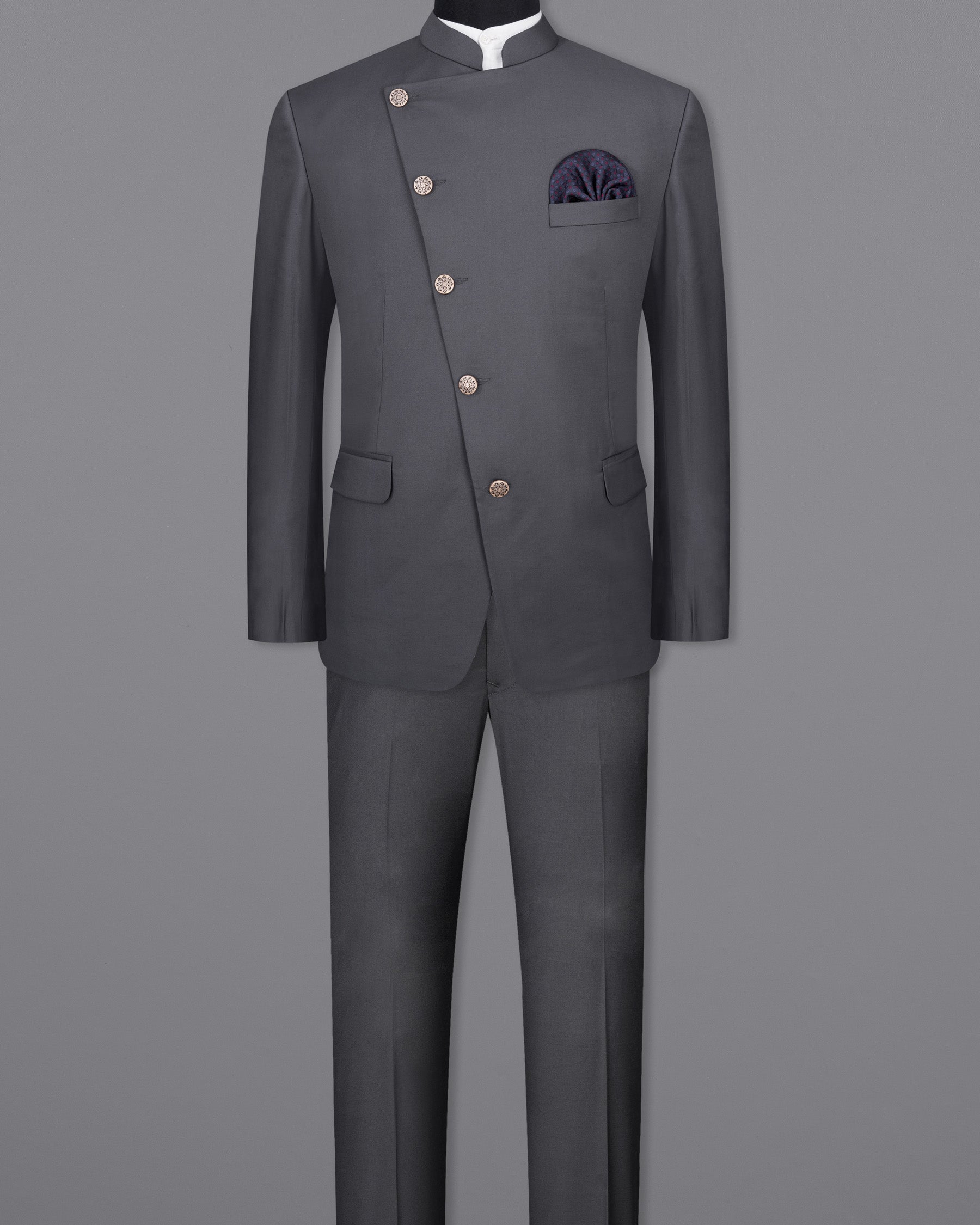 Vampire Gray Cross Placket Bandhgala Suit