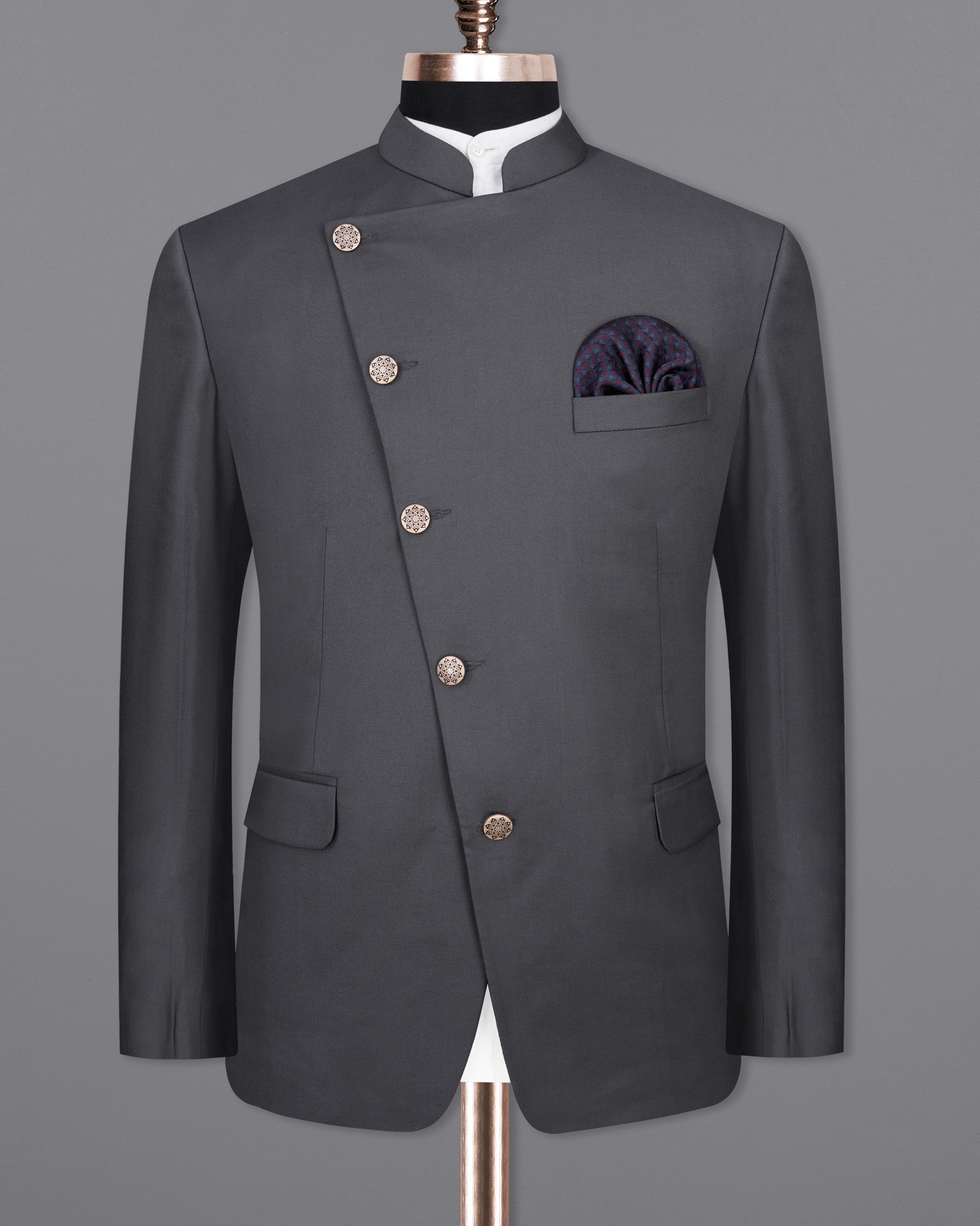 Vampire Gray Cross Placket Bandhgala Suit
