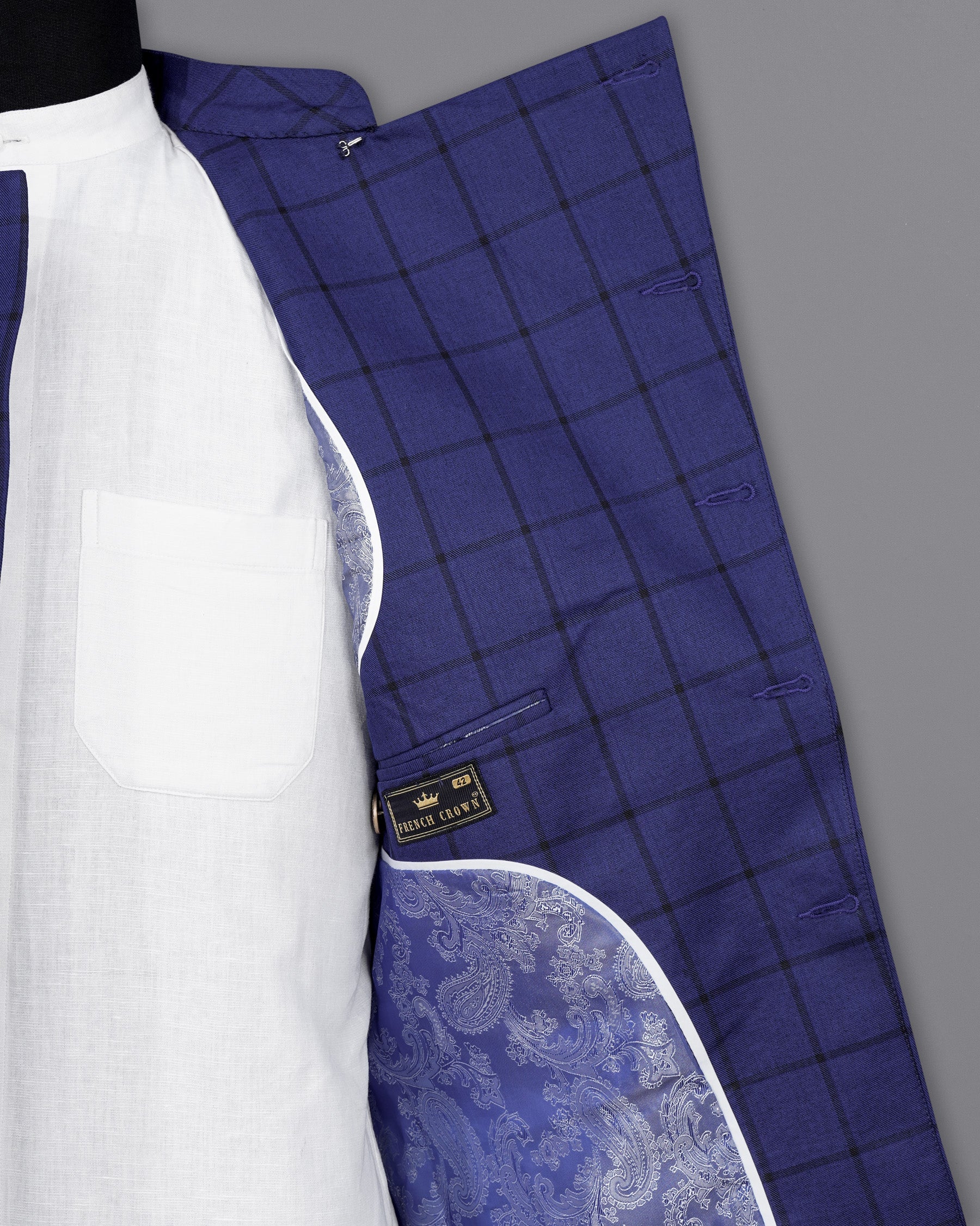 Zodiac Dark Blue Windowpane Cross Placket Bandhgala Suit