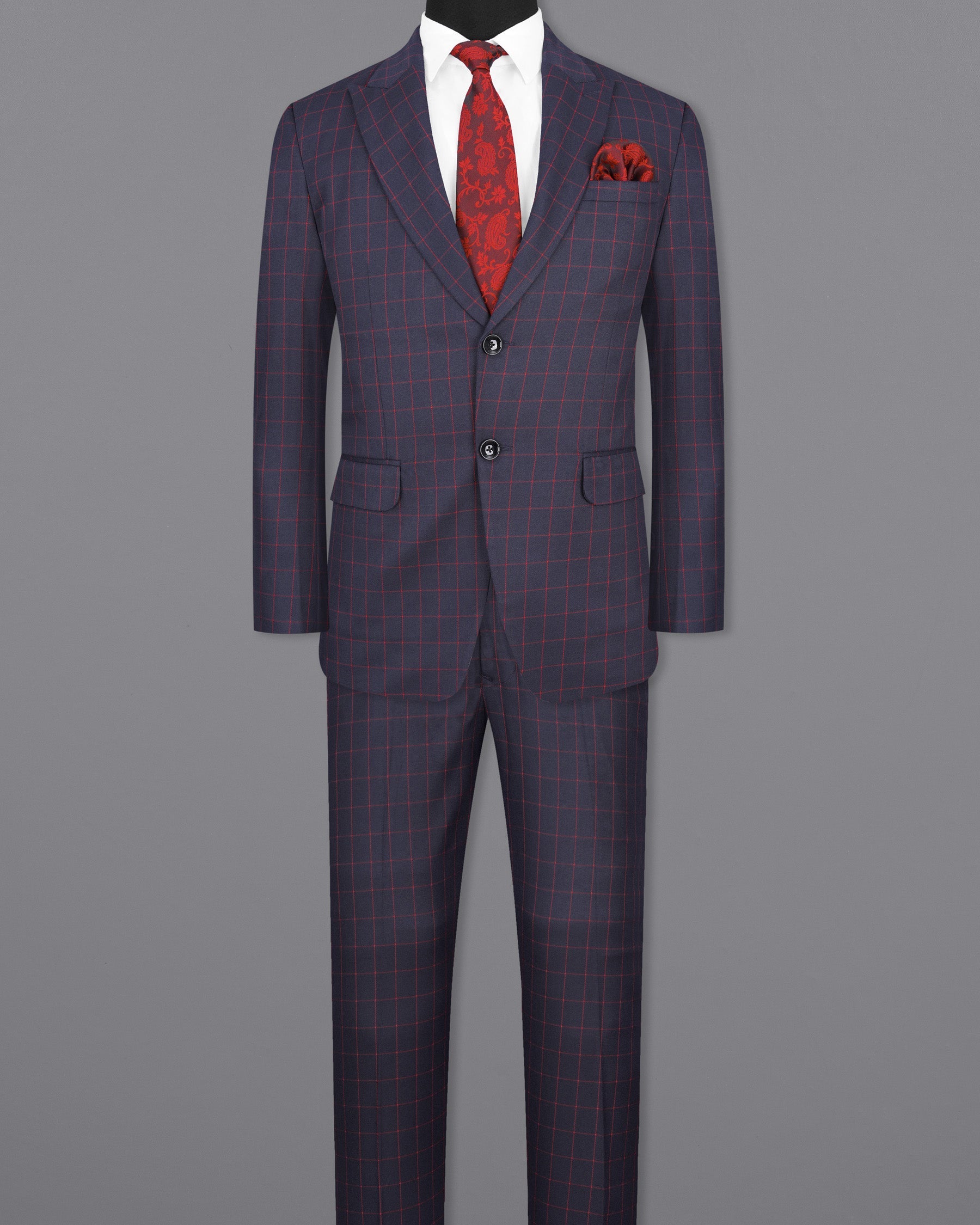 Charcoal Navy Blue Windowpane Single Breasted Suit