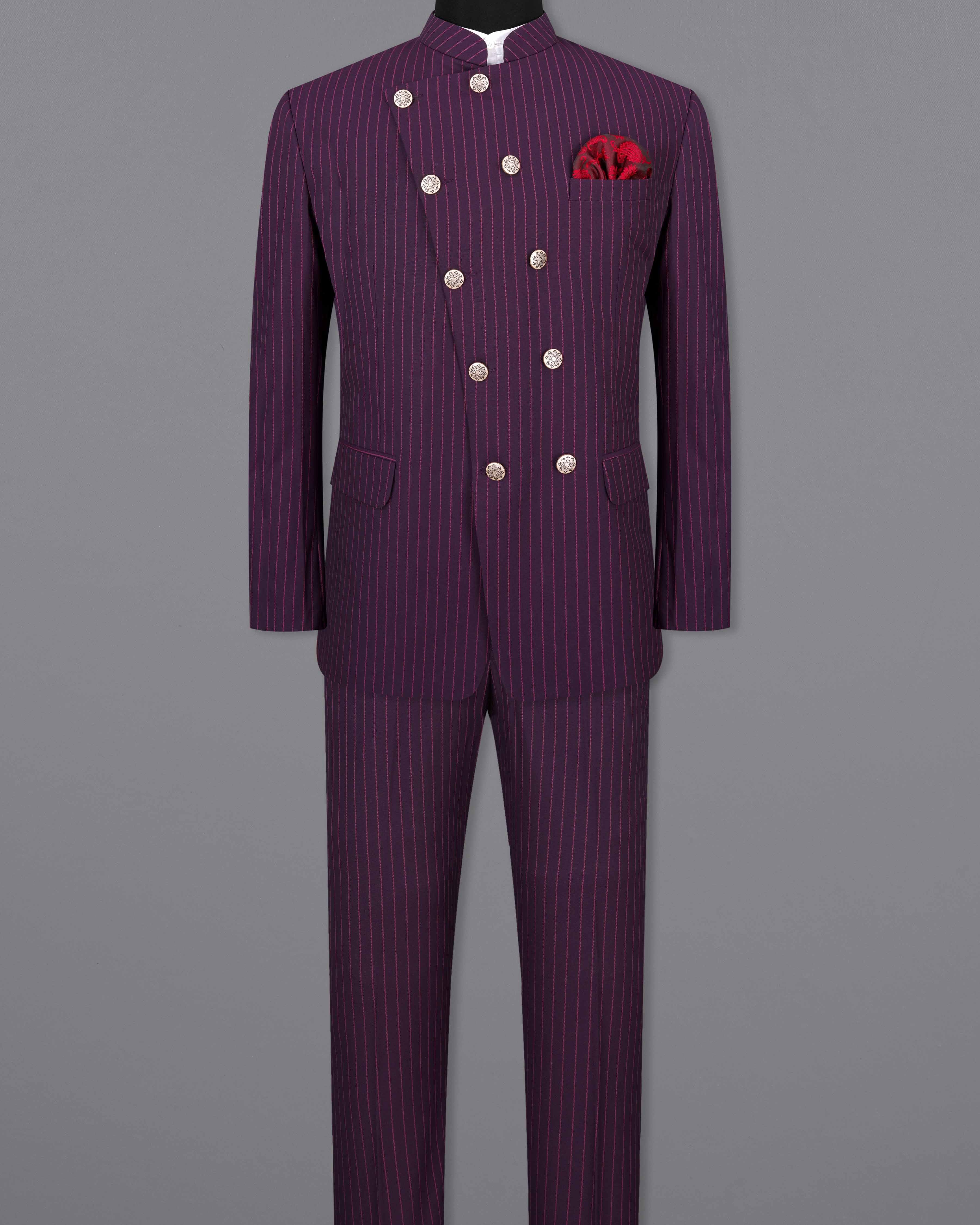 Tolopea Purple with Byzantium Pink Striped Cross Placket Bandhgala Designer Suit