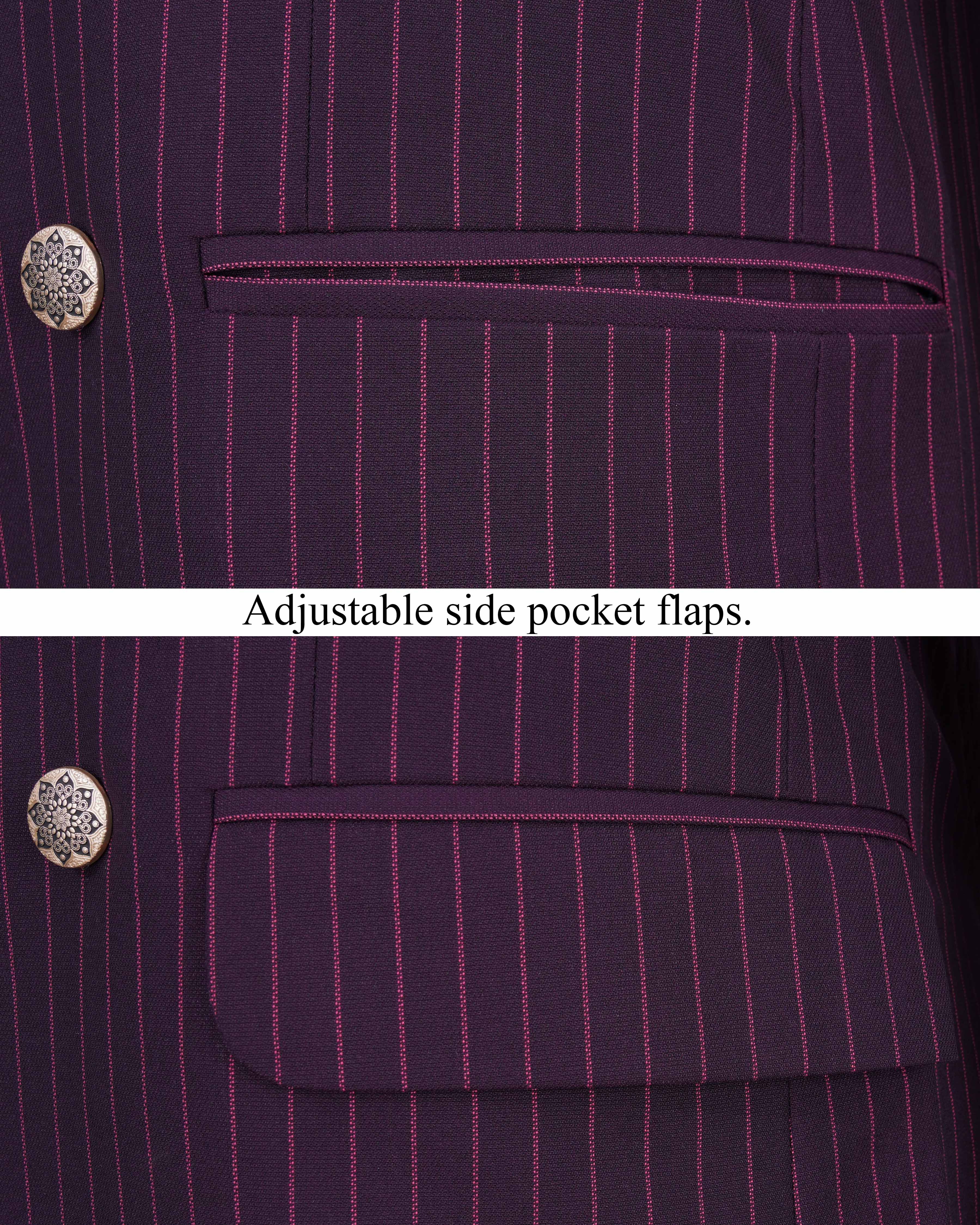 Tolopea Purple with Byzantium Pink Striped Cross Placket Bandhgala Designer Suit