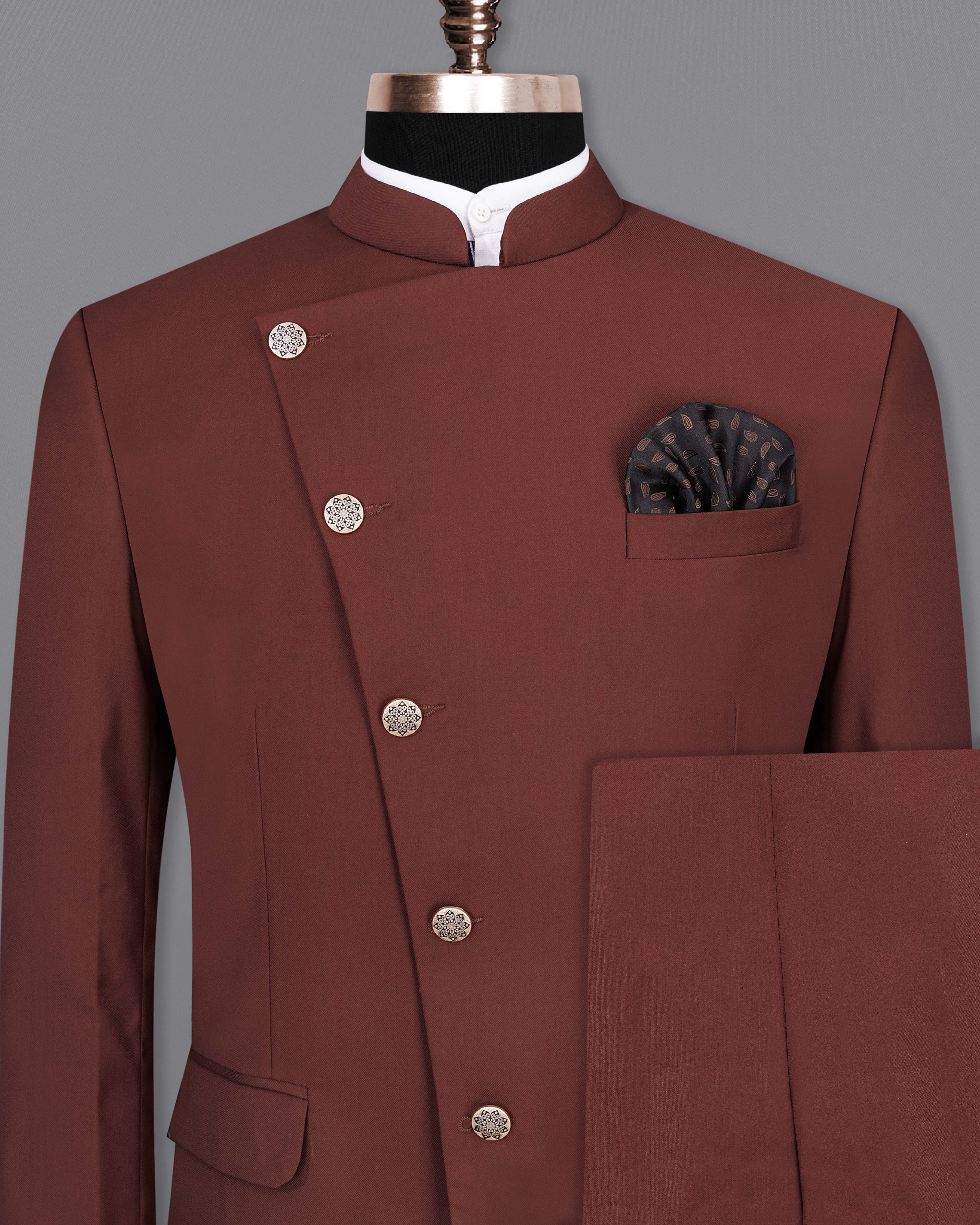 Lonestar Brown Cross Placket Bandhgala Suit