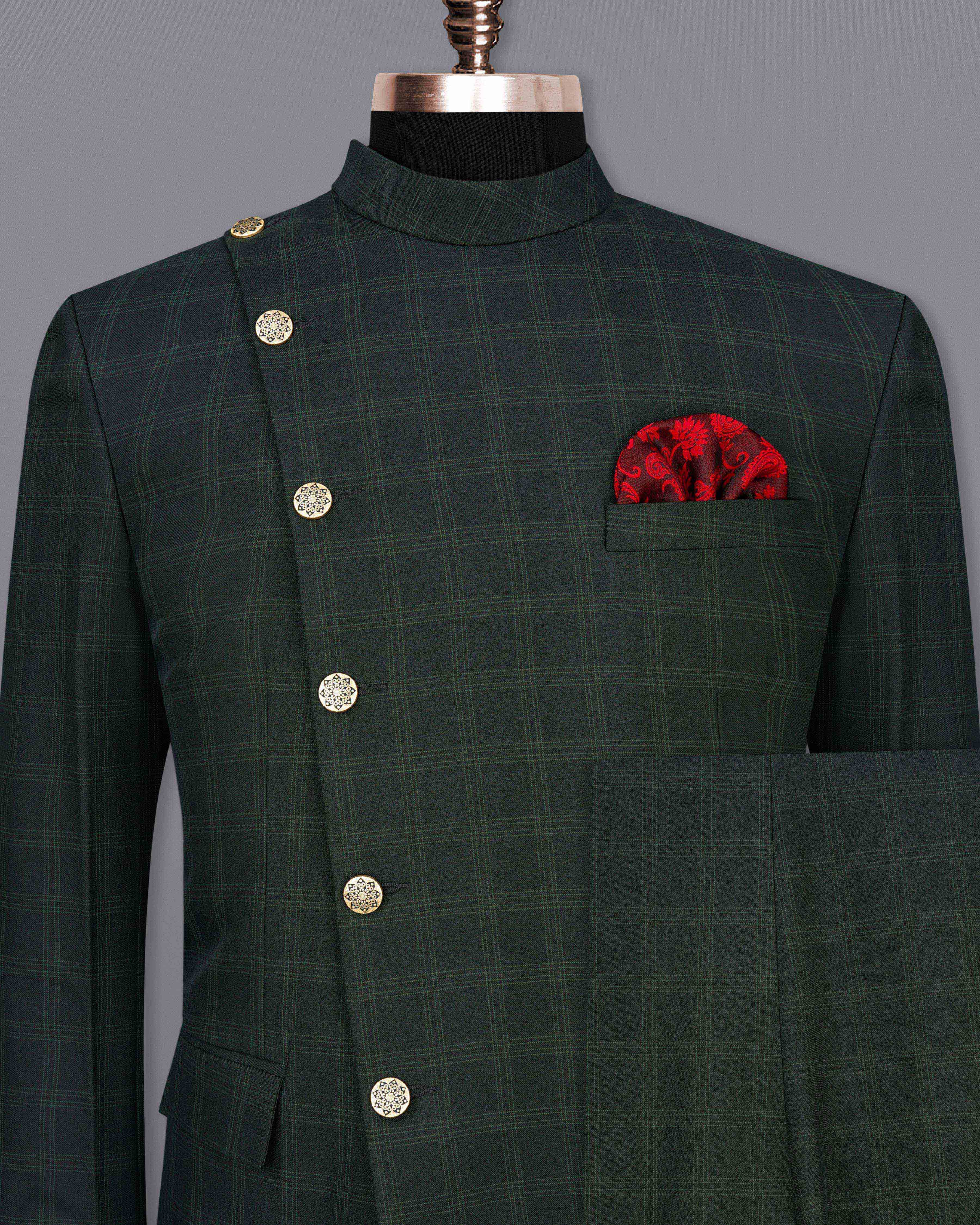 Zeus Green Plaid Cross Placket Bandhgala Suit