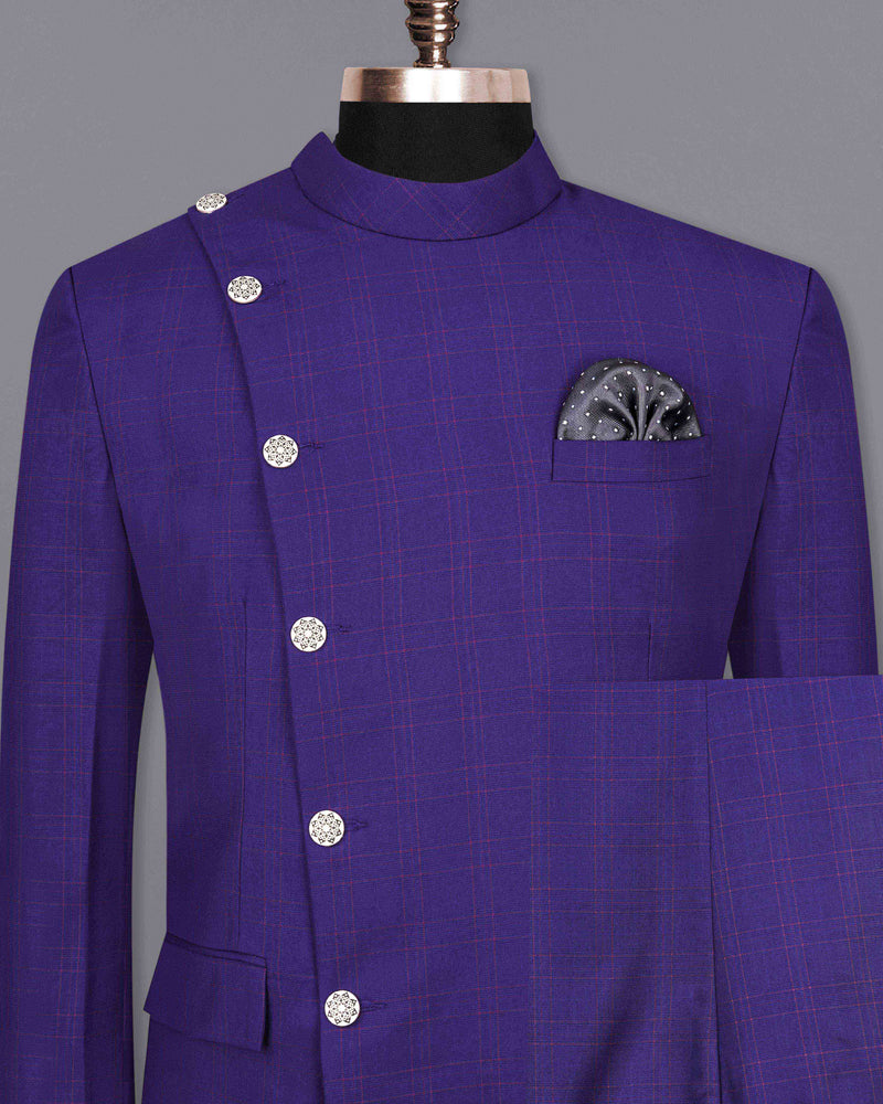 Christalle Blue with Fuchsia Pink Windoepane Cross Placket Bandhgala Suit