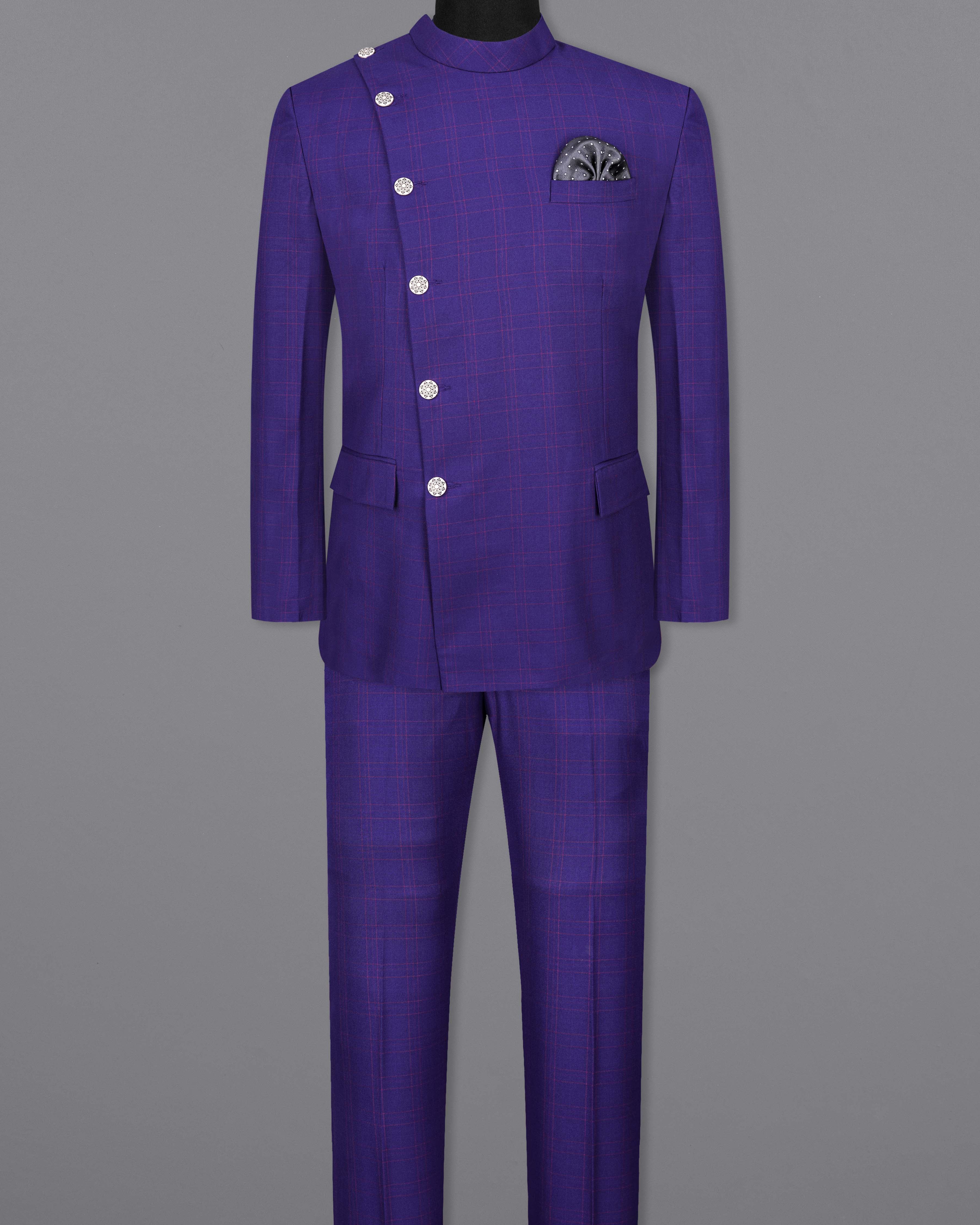 Christalle Blue with Fuchsia Pink Windoepane Cross Placket Bandhgala Suit
