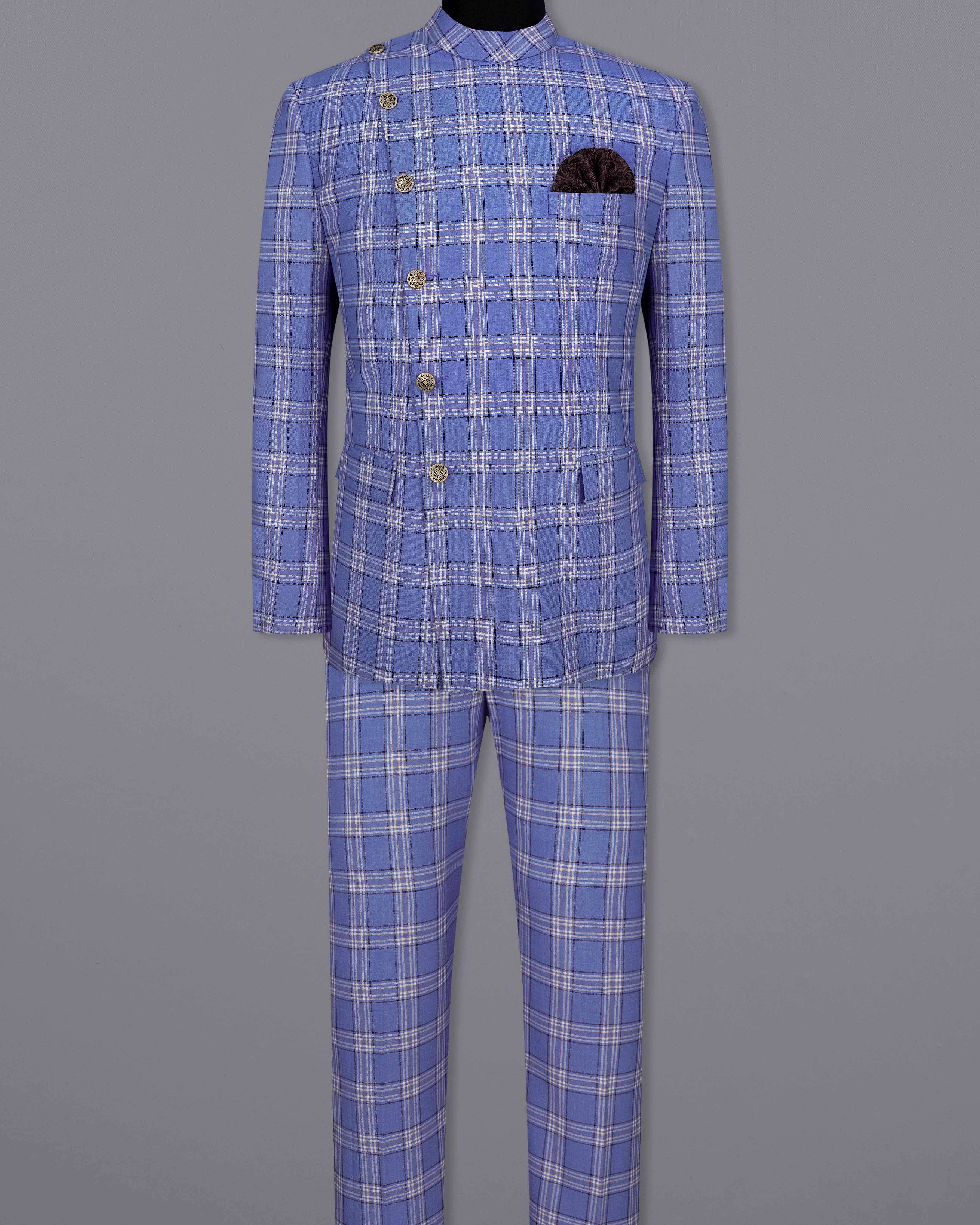 Scampi Blue with Heather Gray Plaid Cross Placket Bandhgala Suit