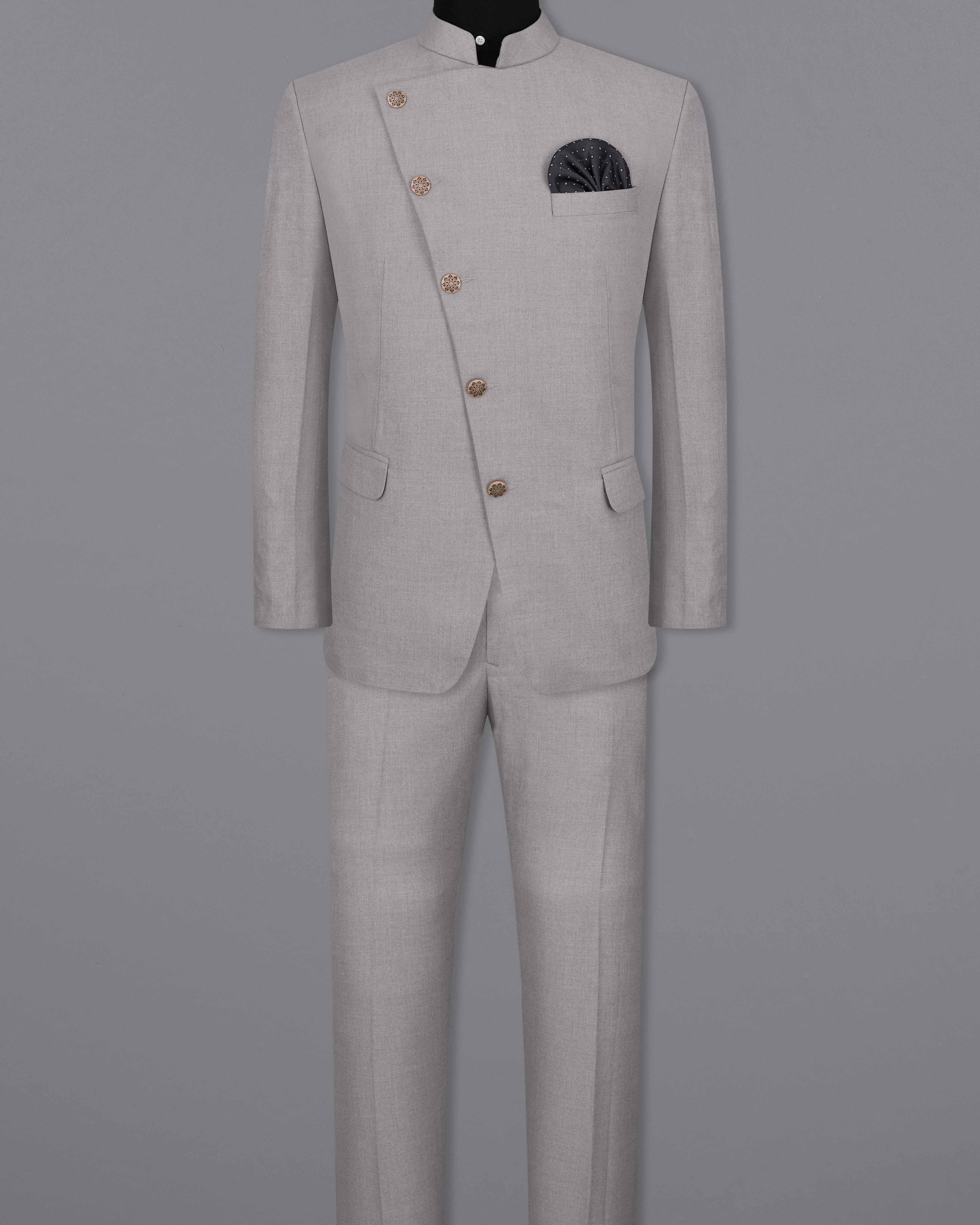 Spun Pearl Gray Cross Placket Bandhgala Suit